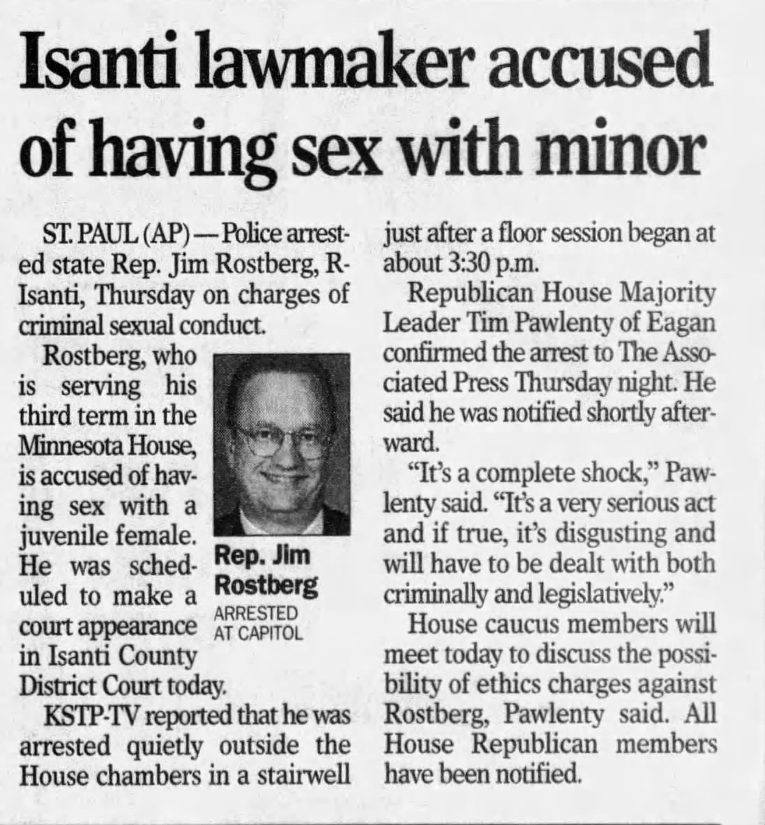 Isanti lawmaker accused of having sex with minor
St. Cloud Times
Saint Cloud, Minnesota · Friday, March 03, 2000