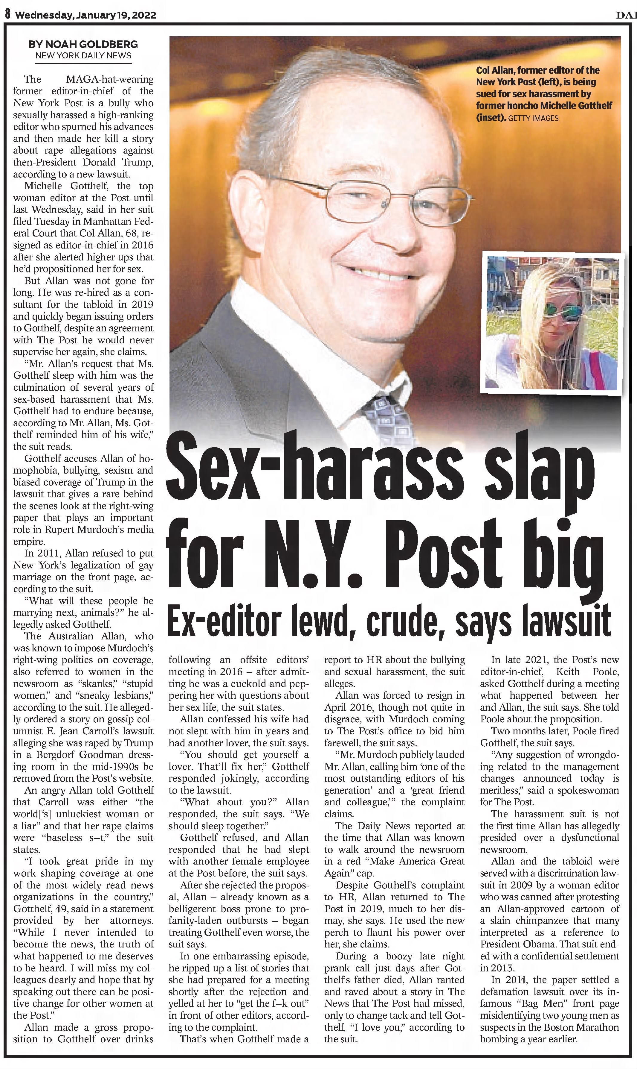 Sex-harass slap for NY Post big 
Ex-editor lewd, crude, says lawsuit
Daily News
New York, New York &middot; Wednesday, January 19, 2022