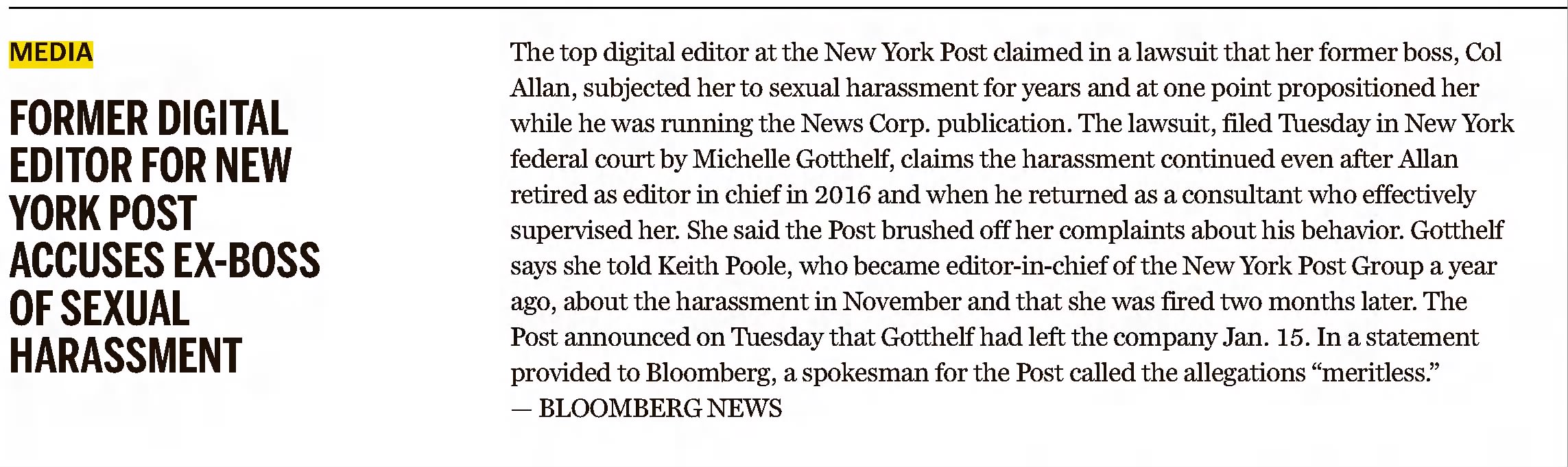 Former digital editor for New York Post accuses ex-boss of sexual harassment