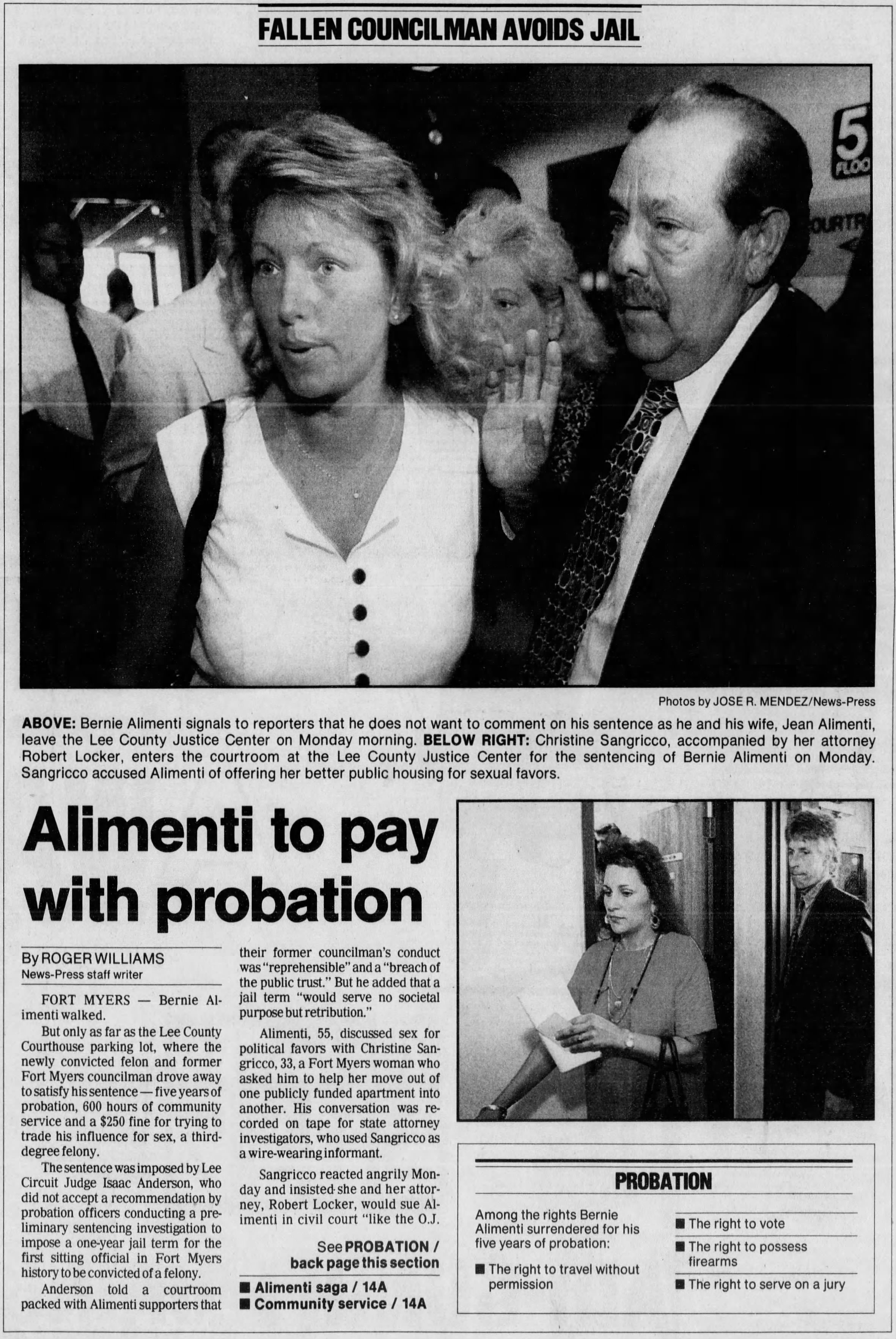Fallen Councilman avoids jail
Alimenti to pay with probation
News-Press
Fort Myers, Florida &middot; Tuesday, July 23, 1996