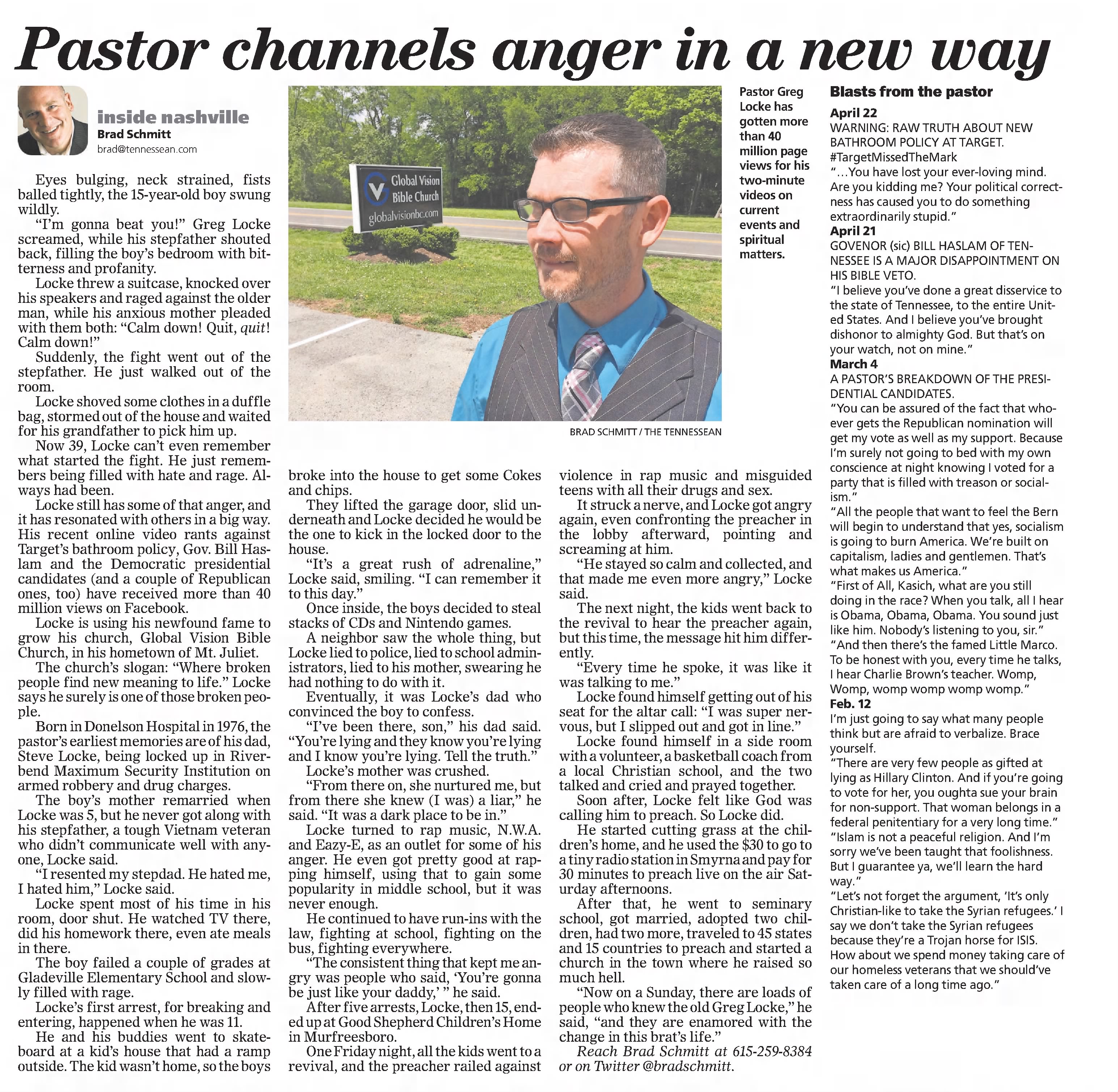 Pastor channels anger in a new way
The Tennessean
Nashville, Tennessee &middot; Monday, May 02, 2016