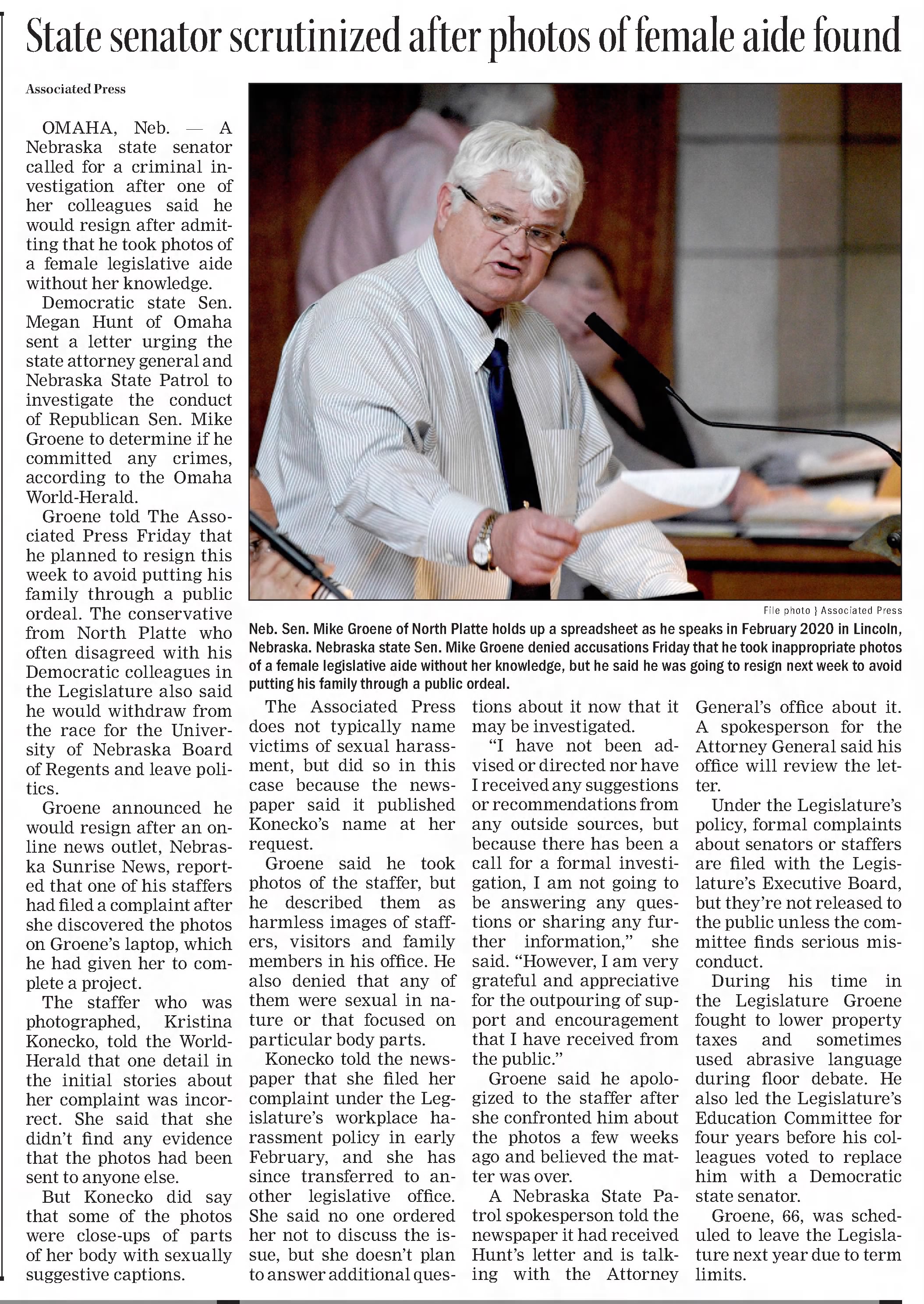 State senator scrutinized after photos of female aide found
St. Joseph News-Press
St. Joseph, Missouri · Monday, February 21, 2022