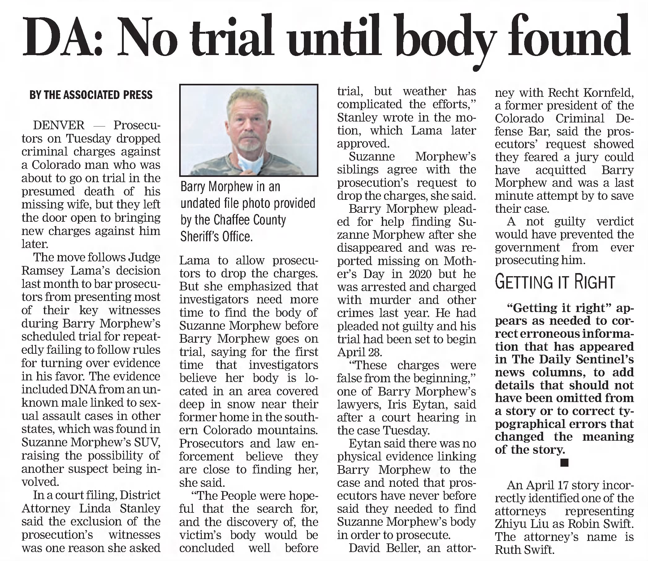 DA: No trial until body found 
The Daily Sentinel
Grand Junction, Colorado &middot; Wednesday, April 20, 2022