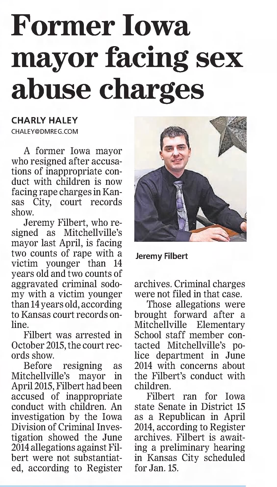 Former Iowa mayor facing sex abuse charges
The Altoona Herald
Altoona, Iowa &middot; Wednesday, January 13, 2016