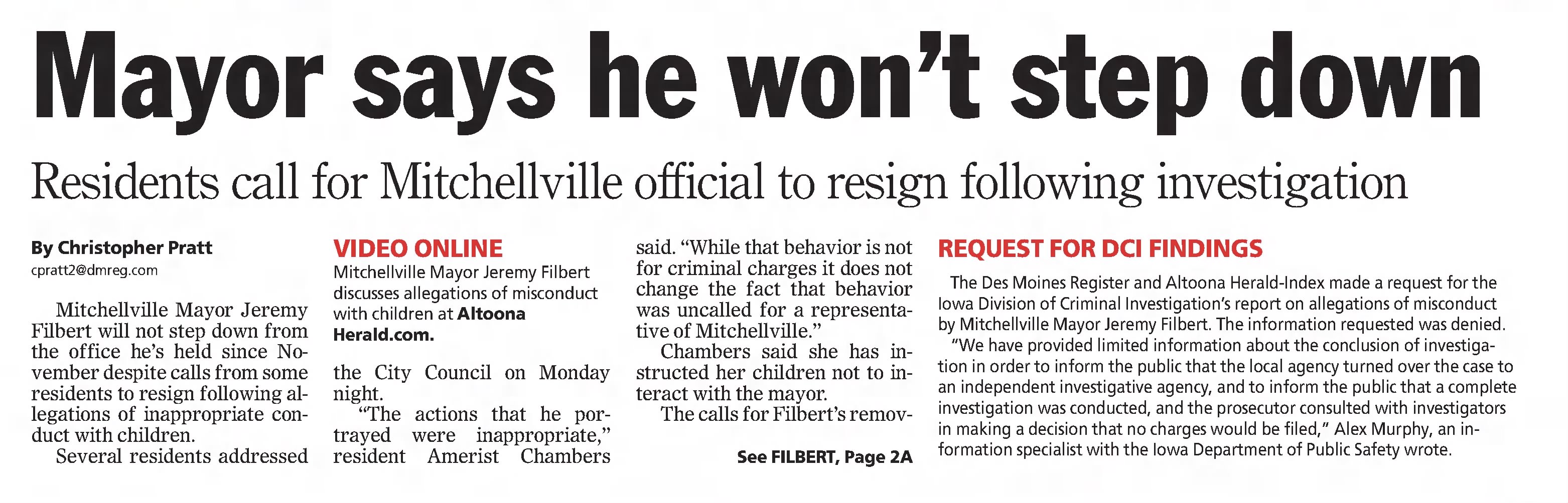 Mayor says he won't step down
Residents call for Mitchellville official to resign following investigation
The Altoona Herald
Altoona, Iowa &middot; Wednesday, July 09, 2014