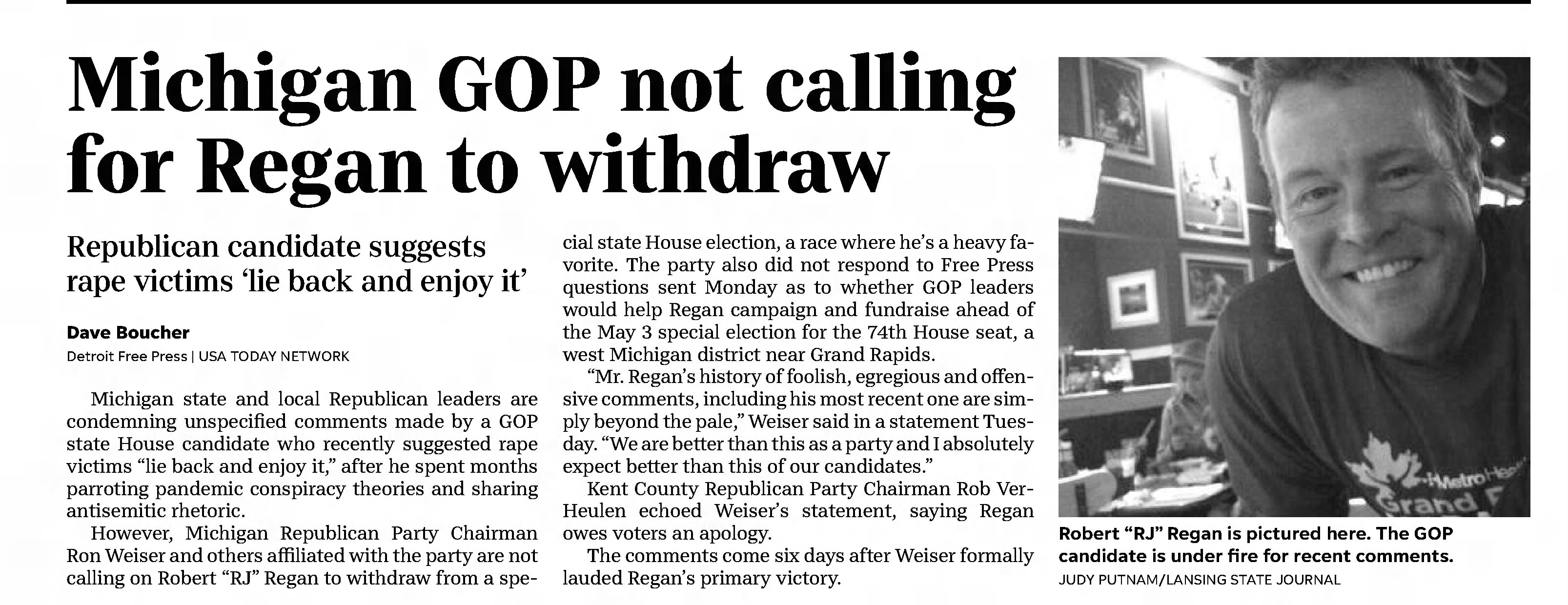 Michigan GOP not calling for Regan to withdraw
Livingston County Daily Press and Argus
Howell, Michigan · Thursday, March 10, 2022