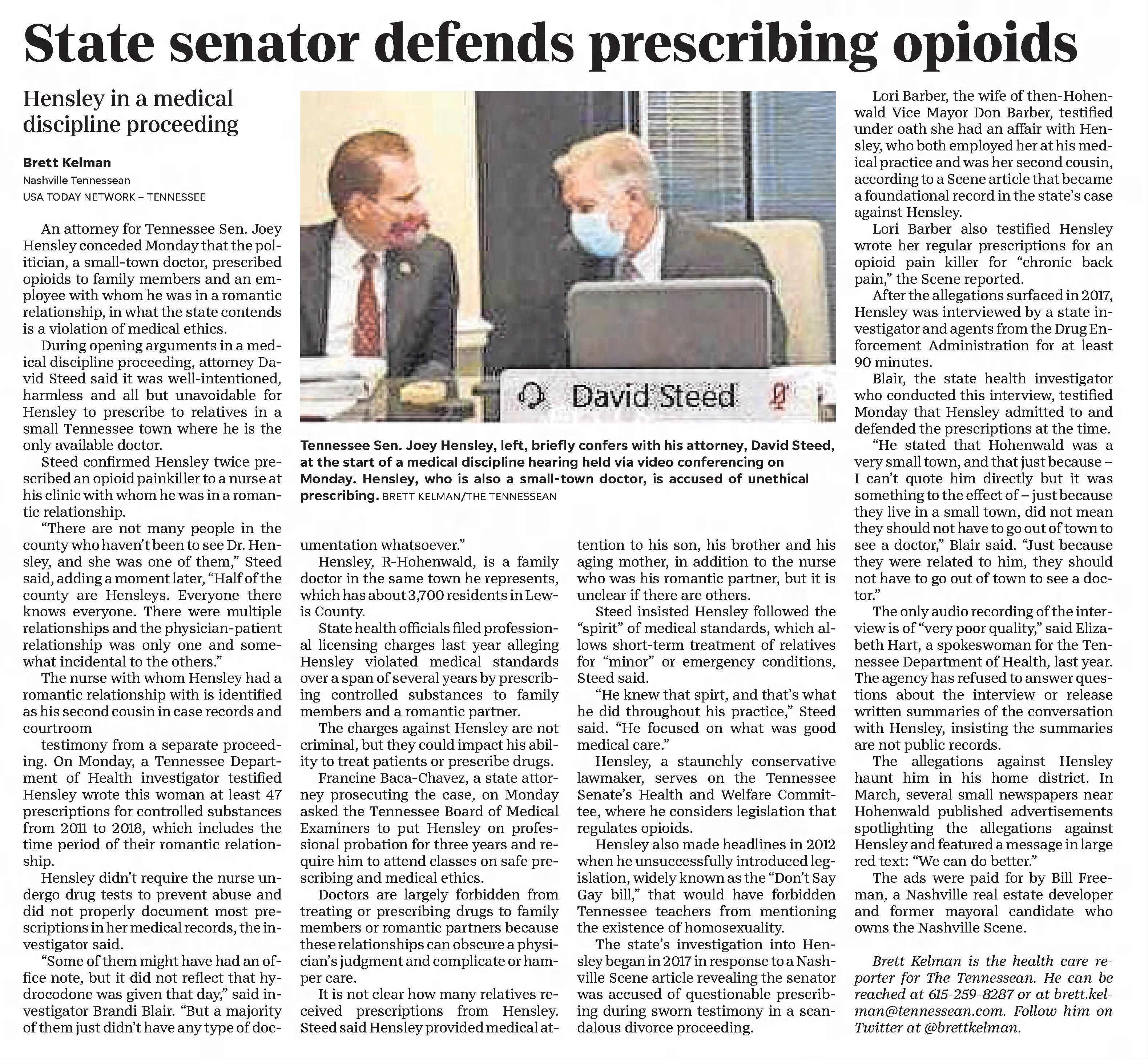 State senator defends prescribing opioids
The Tennessean
Nashville, Tennessee · Tuesday, October 27, 2020