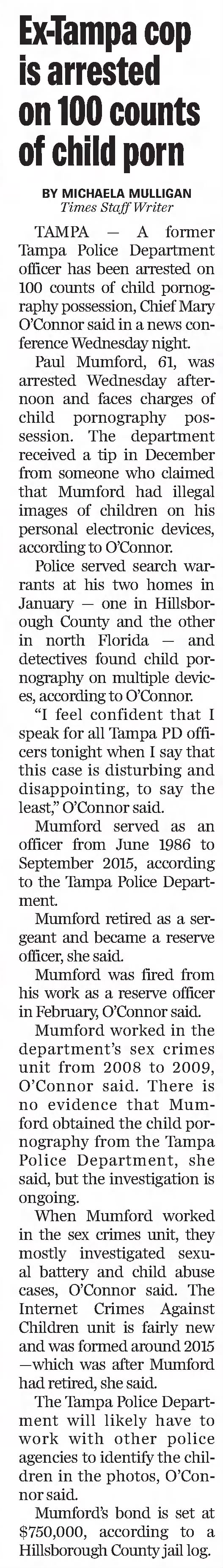 Ex Tampa cop is arrest on 100 counts of child porn 
Tampa Bay Times
St. Petersburg, Florida &middot; Thursday, March 31, 2022