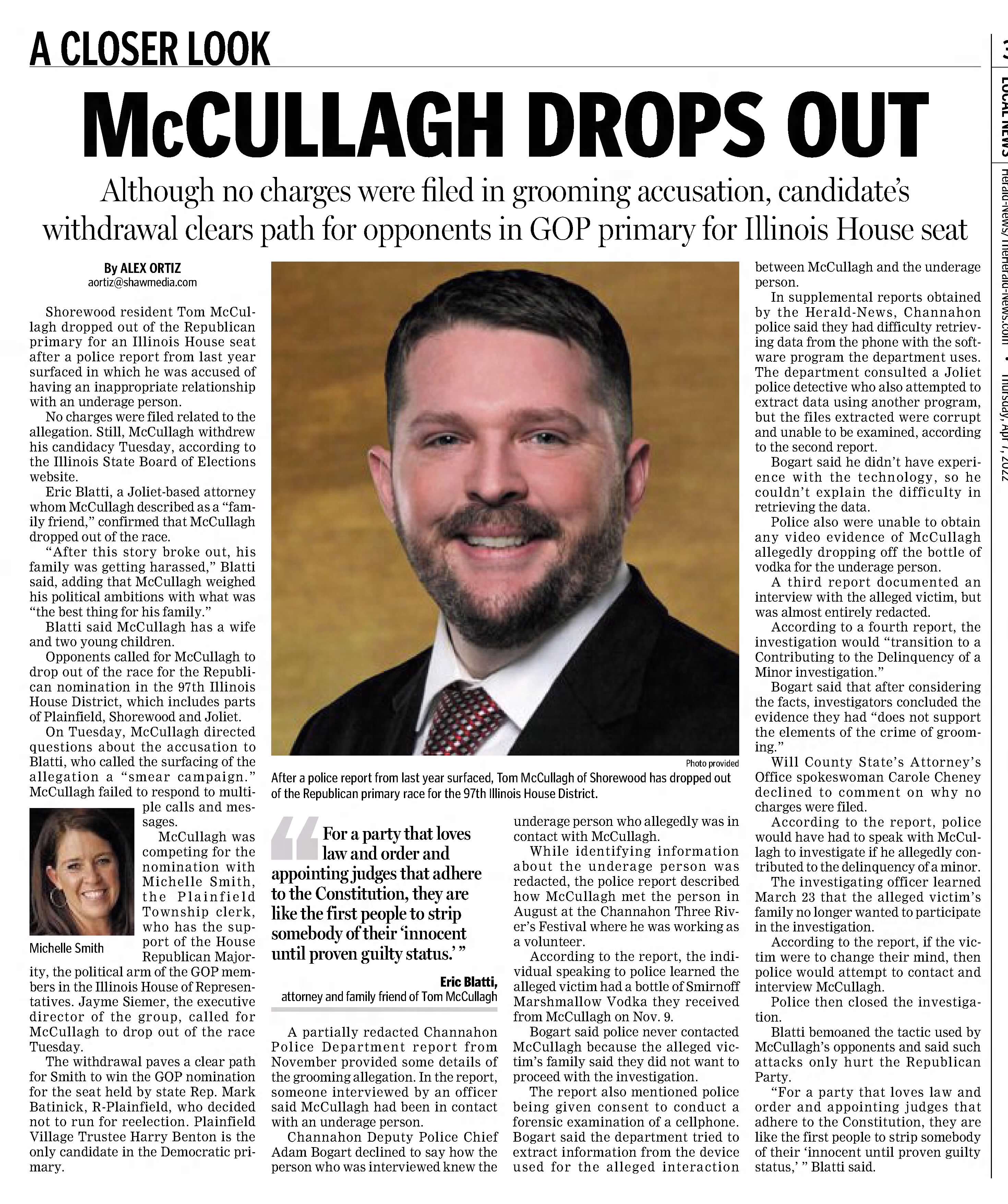 McCullagh drops out
Herald News
Joliet, Illinois · Thursday, April 07, 2022