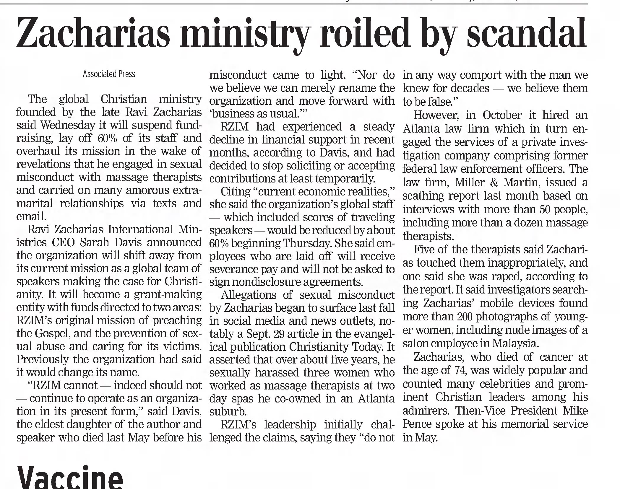Zacharias ministry roiled by scandal
Longview News-Journal
Longview, Texas &middot; Saturday, March 13, 2021
