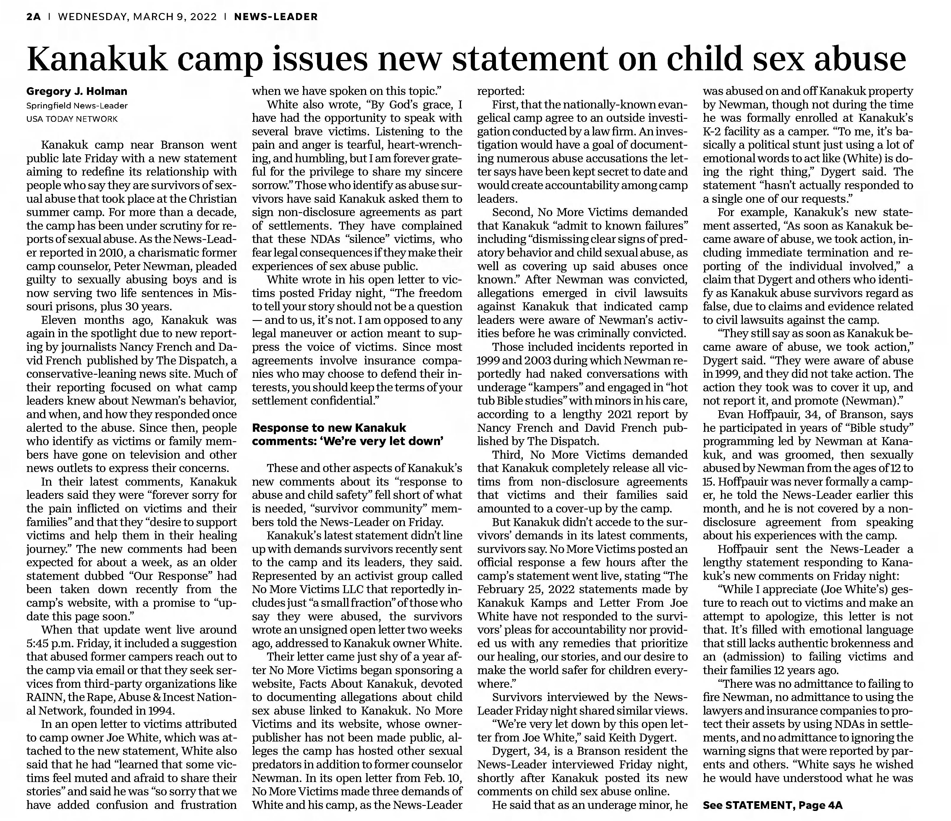 Kanakuk camp issues new statement on child sex abuse
The Springfield News-Leader
Springfield, Missouri · Wednesday, March 09, 2022