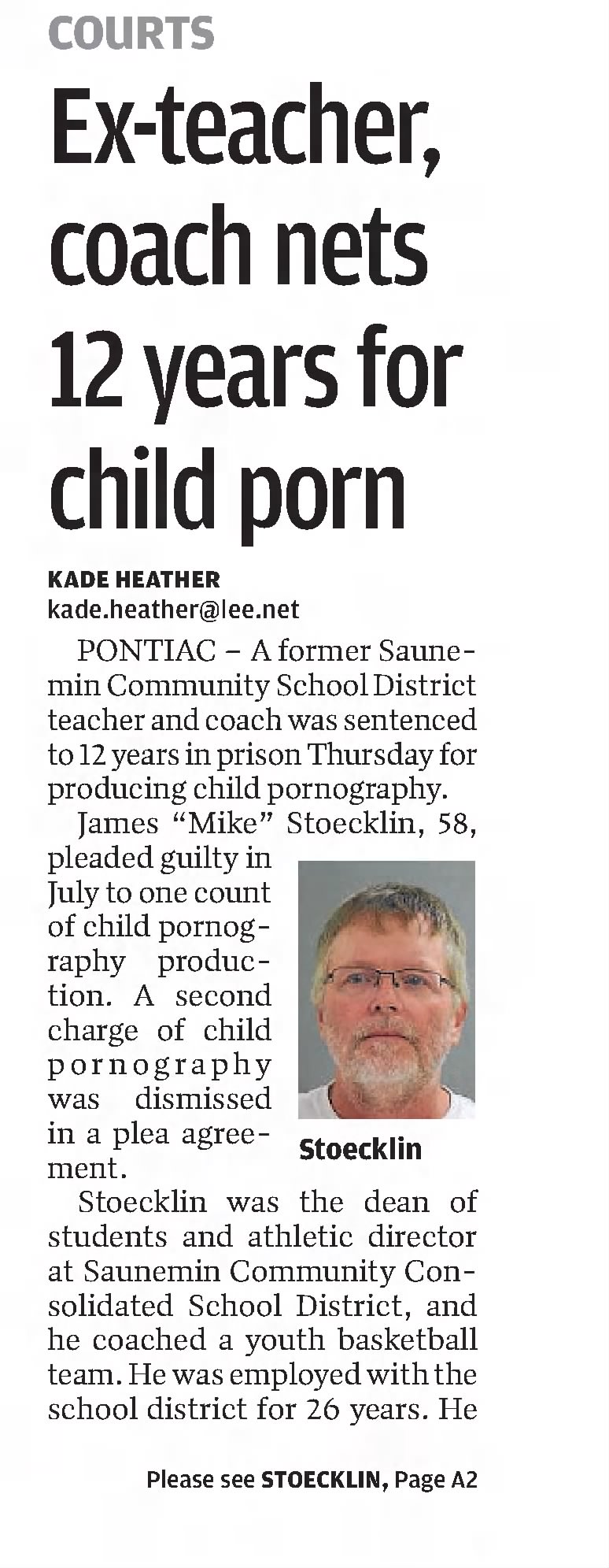 Ex-teacher, coach nets 12 years for child porn
The Pantagraph
Bloomington, Illinois · Friday, October 22, 2021