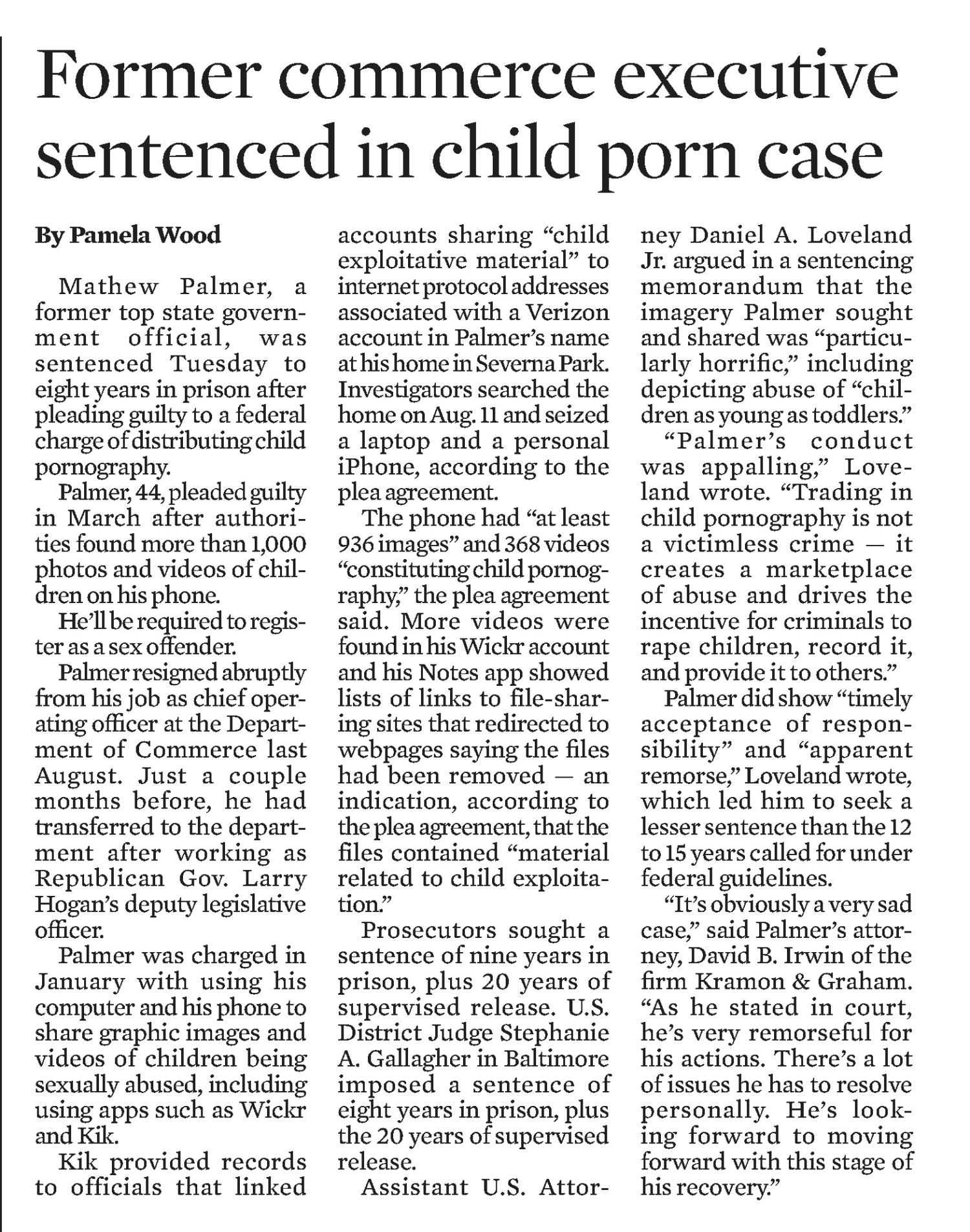 Former commerce executive sentenced in child porn case 
Annapolis Capital
May 12, 2021, Page 4

Annapolis, Maryland, US