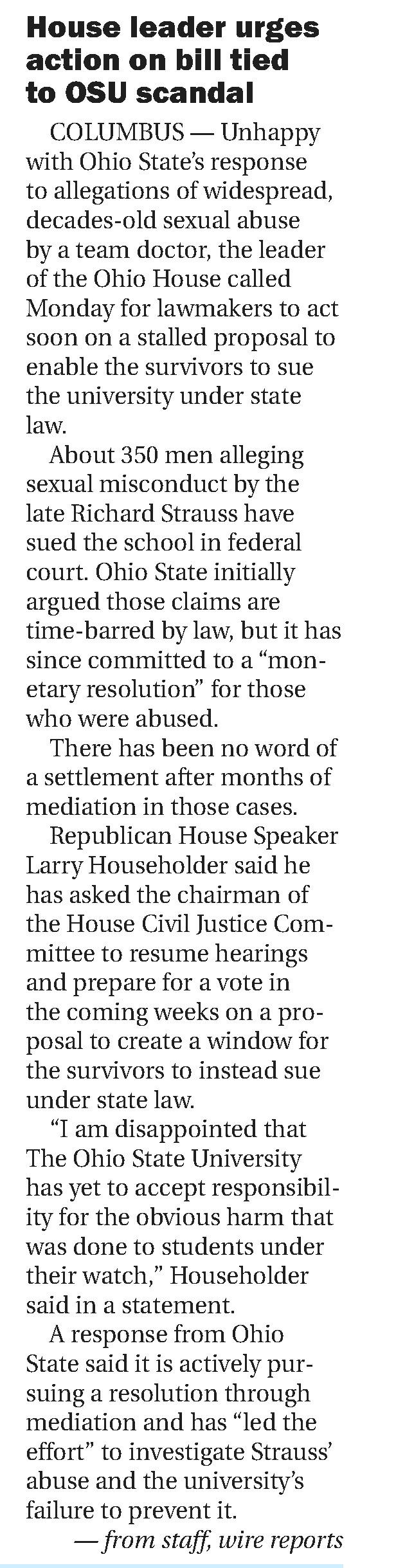 House leader urges action on bill tied to OSU scandal
Elyria Chronicle Telegram
Feb 4, 2020, Page 12
Elyria, Ohio, US