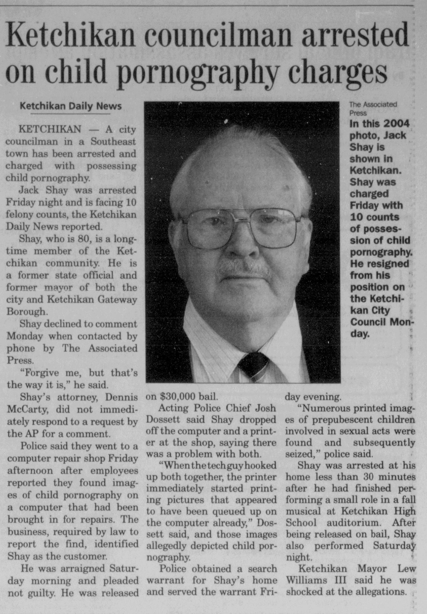 Ketchikan councilman arrested on child pornographFairbanks Daily News Miner
Nov 8, 2011, Page 9
Fairbanks, Alaska, US
y charges
