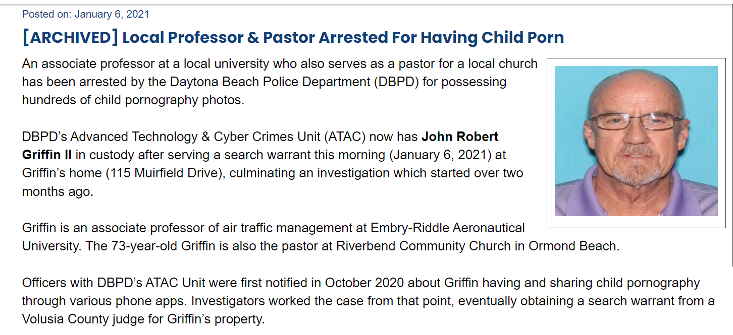 Local Professor & Pastor arrested for having child porn 
City of Daytona Beach Civic Alerts