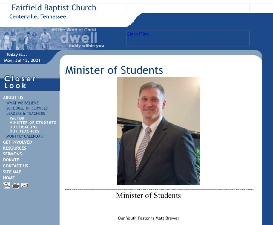 Screen shot from Fairfield Baptist Church listing him as Minister of Students