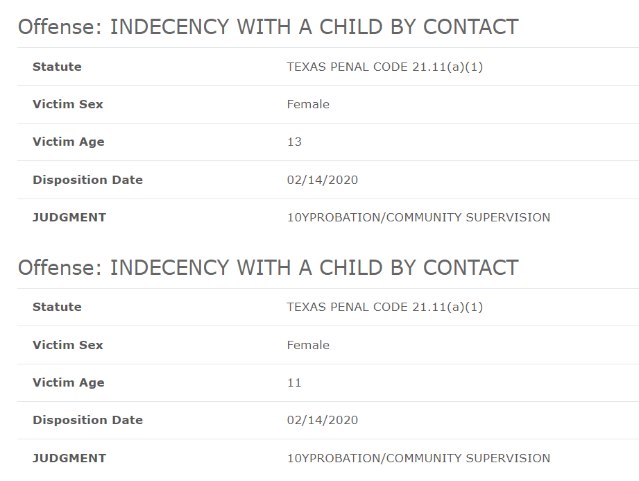 Offense: Indecency with a Child by Contact
10 years probation
