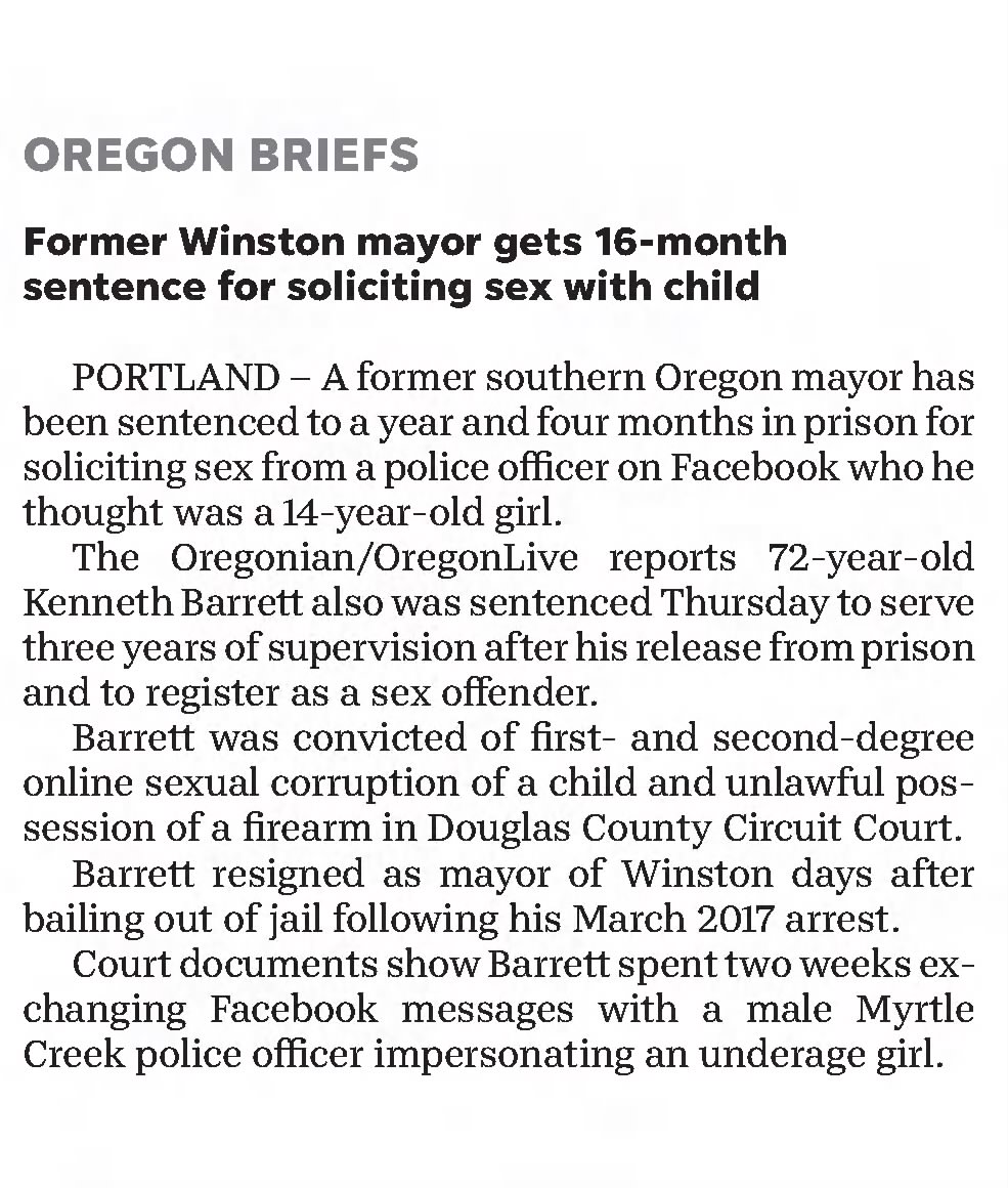 Former Winston mayor gets 16-month sentence for soliciting sex with child
Statesman Journal
Salem, Oregon · Sunday, April 22, 2018