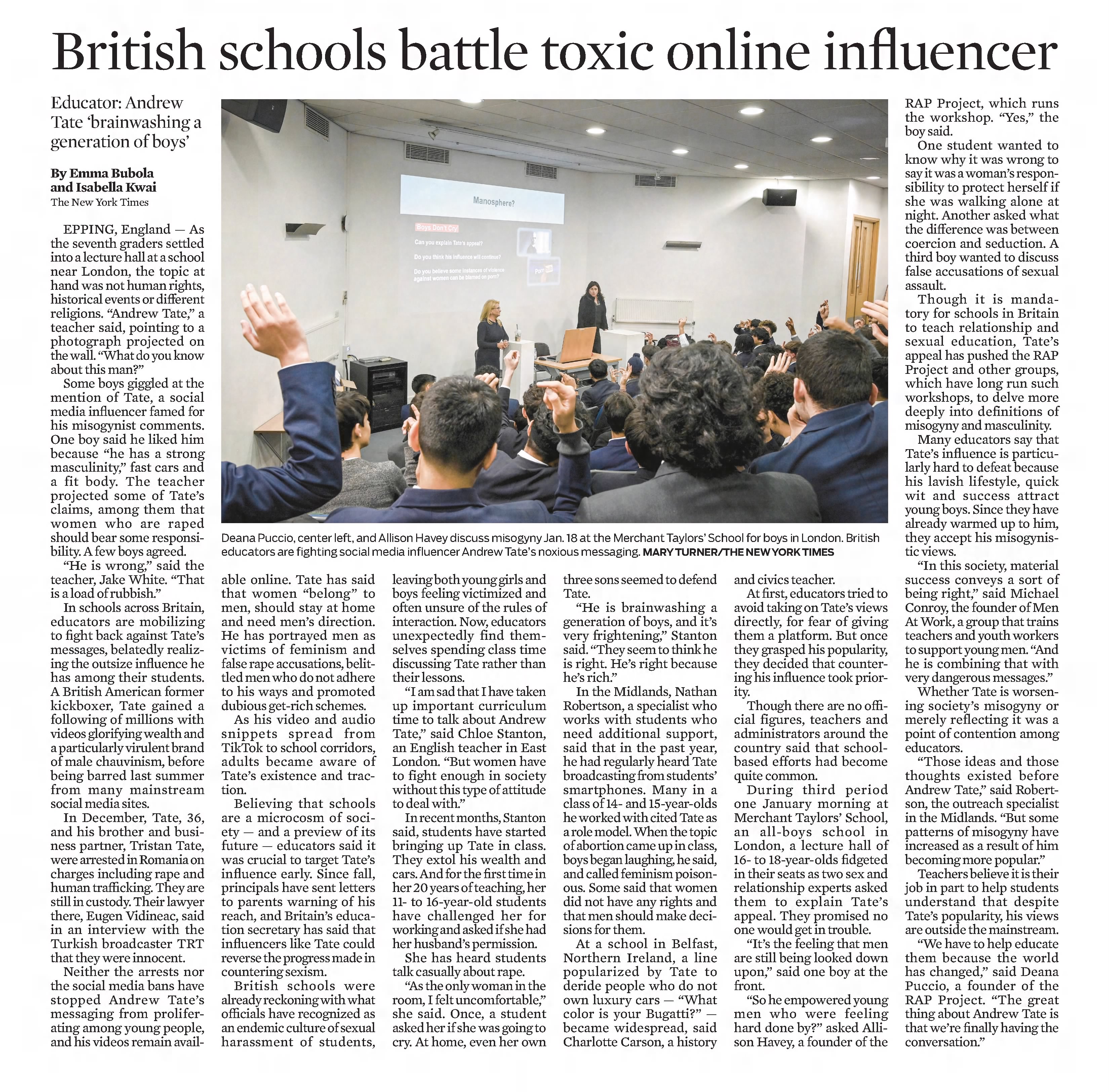 British schools battle toxic online influencer 
The Orlando Sentinel
Orlando, Florida &middot; Sunday, February 26, 2023