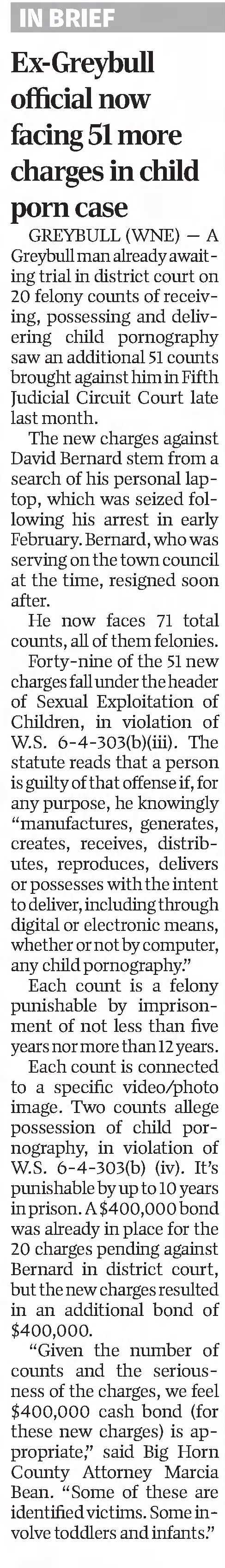 Rx-Greybull official now facing 51  more charges in child porn case 
Casper Star-Tribune
Casper, Wyoming &middot; Saturday, October 15, 2022