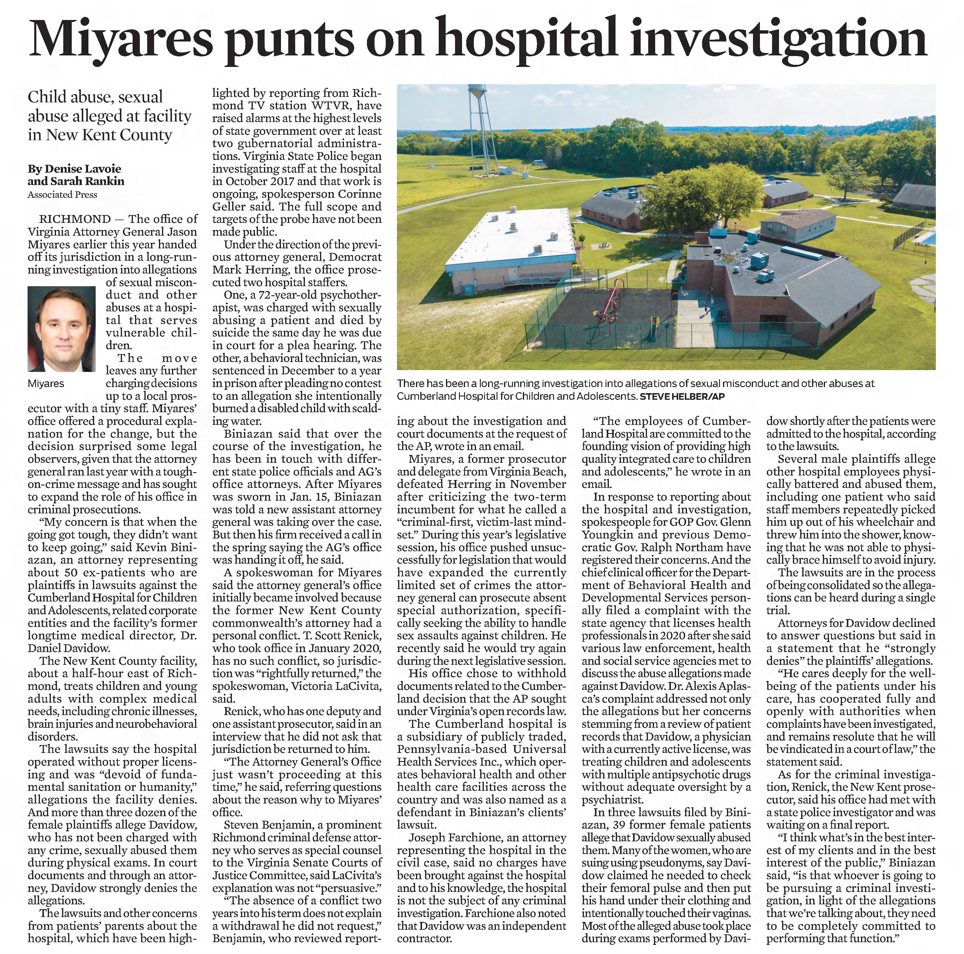 Miyares punts on hospital investigation 
&times;
Daily Press
Newport News, Virginia &middot; Saturday, October 15, 2022