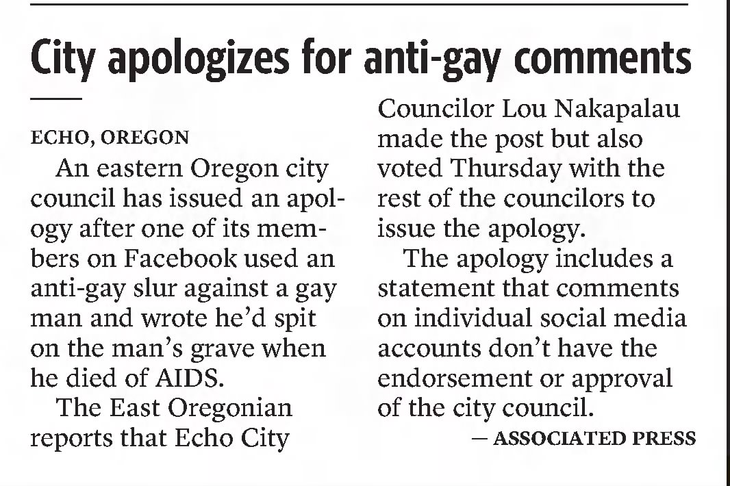 City apologizes for anti-gay comments
The Bellingham Herald
Bellingham, Washington · Sunday, October 22, 2017