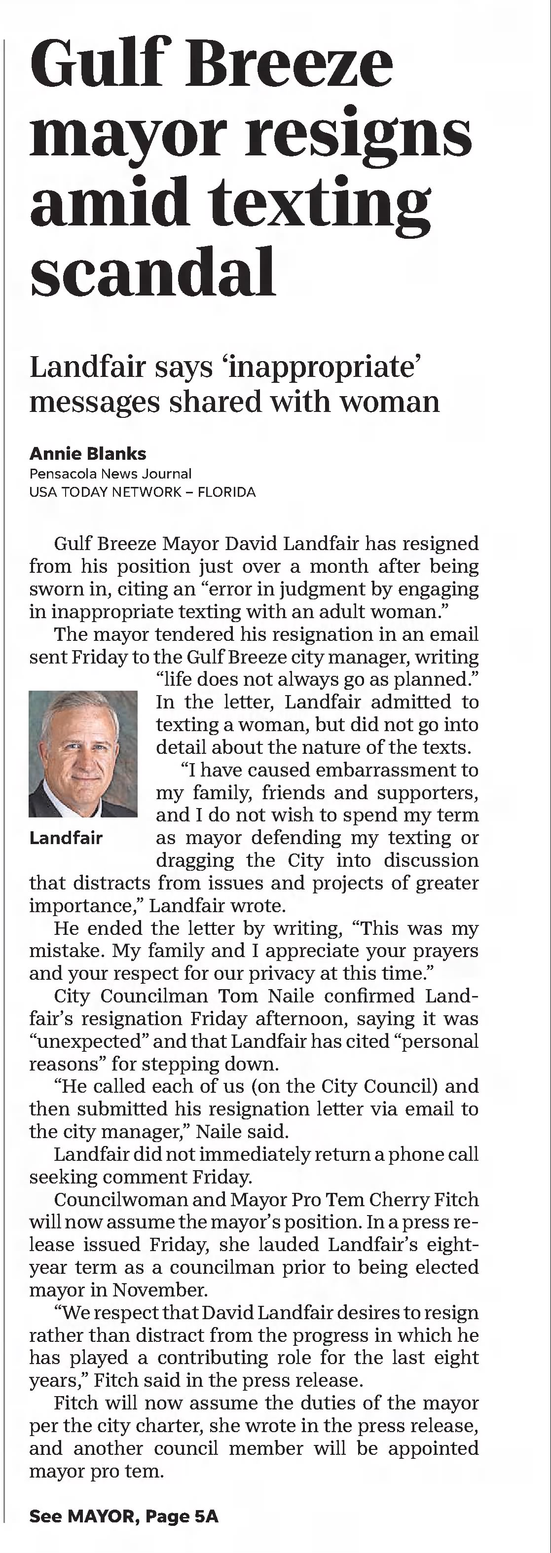Gulf Breeze mayour reigns amid texting scandal
Pensacola News Journal
Pensacola, Florida · Saturday, January 19, 2019