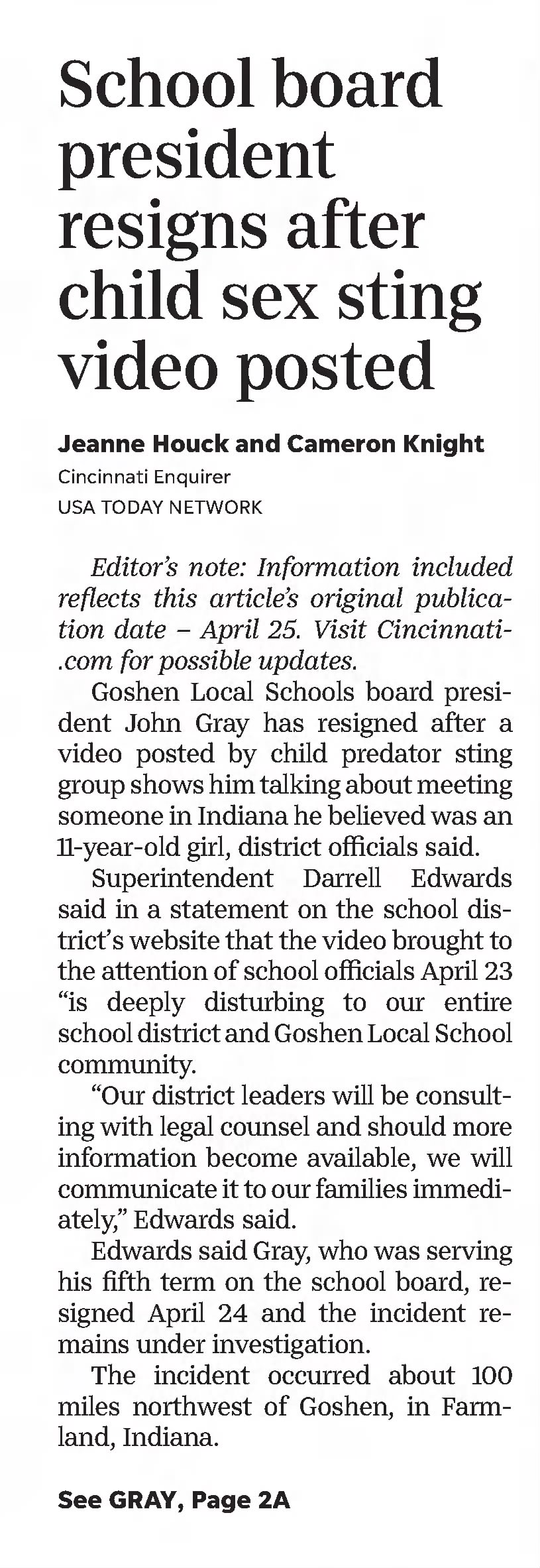 School board president resigns after child sex sting video posted 
Community Journal-Press
Cincinnati, Ohio &middot; Wednesday, May 04, 2022