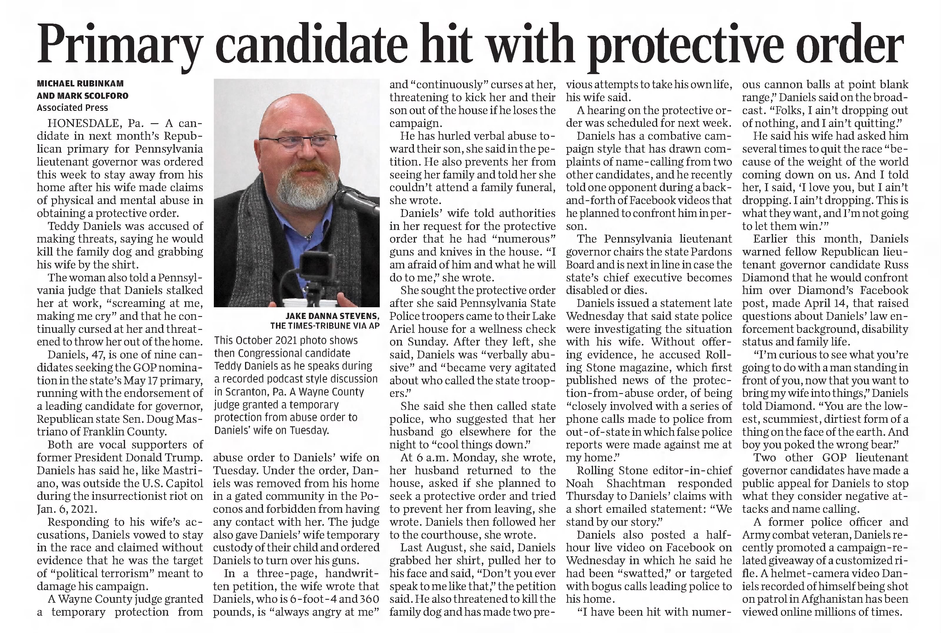 Primary Candidate hit with protective order 
The Sentinel
Carlisle, Pennsylvania &middot; Friday, April 29, 2022
