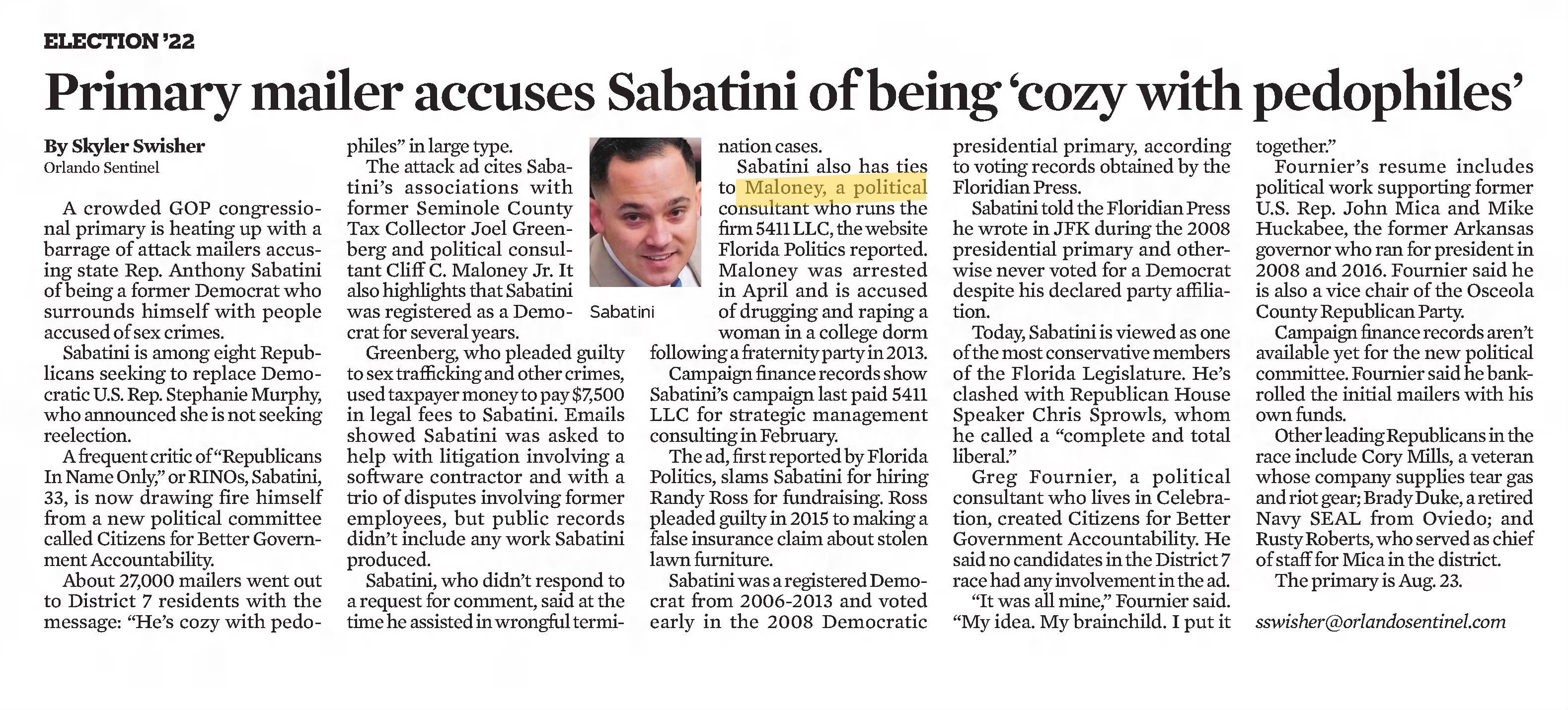 Primary mailer accuses Sabatini of being cozy with pedophiles 
The Orlando Sentinel
Orlando, Florida &middot; Saturday, June 25, 2022