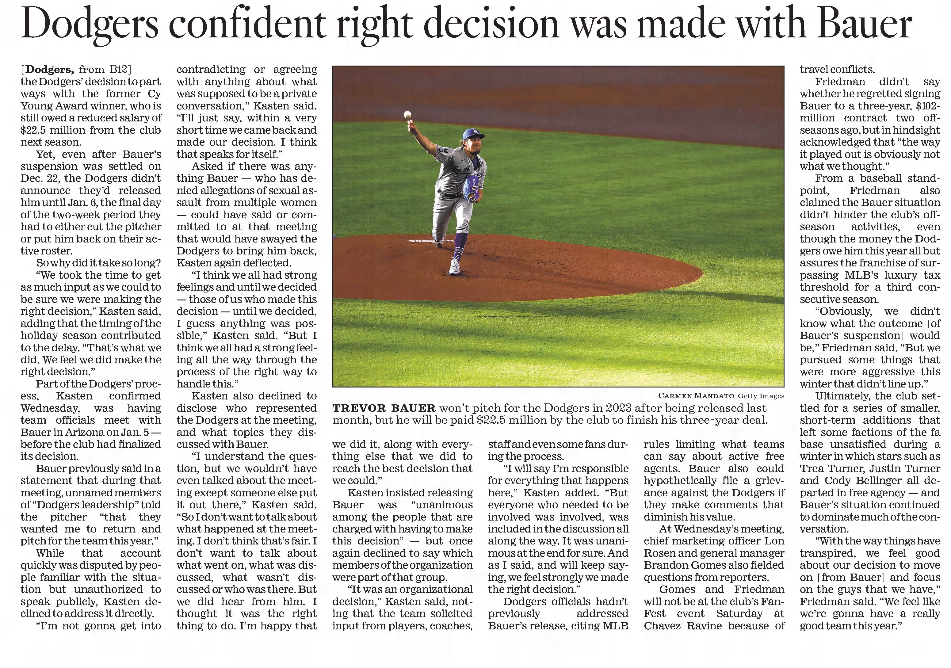 Dodgers confident right decision was made with Bauer
The Los Angeles Times
Los Angeles, California · Thursday, February 02, 2023