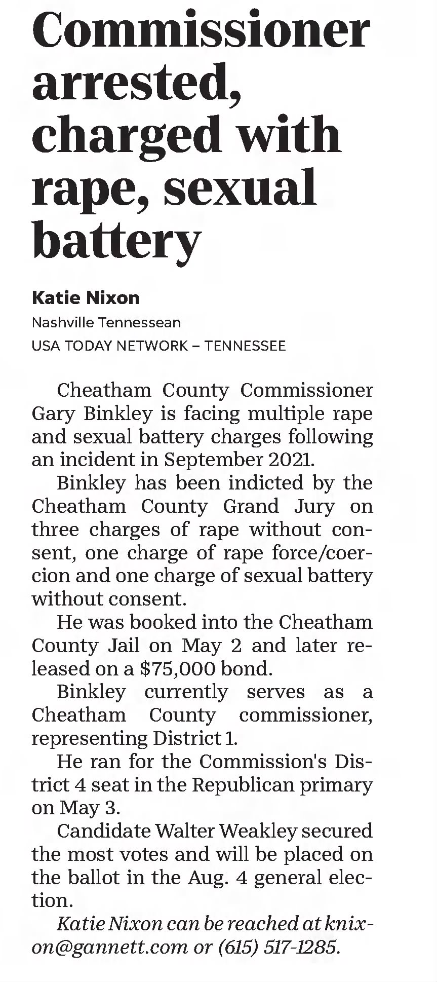Commissioner arrested, charged with rape, sexual battery
Ashland City Times
Ashland City, Tennessee · Wednesday, May 11, 2022