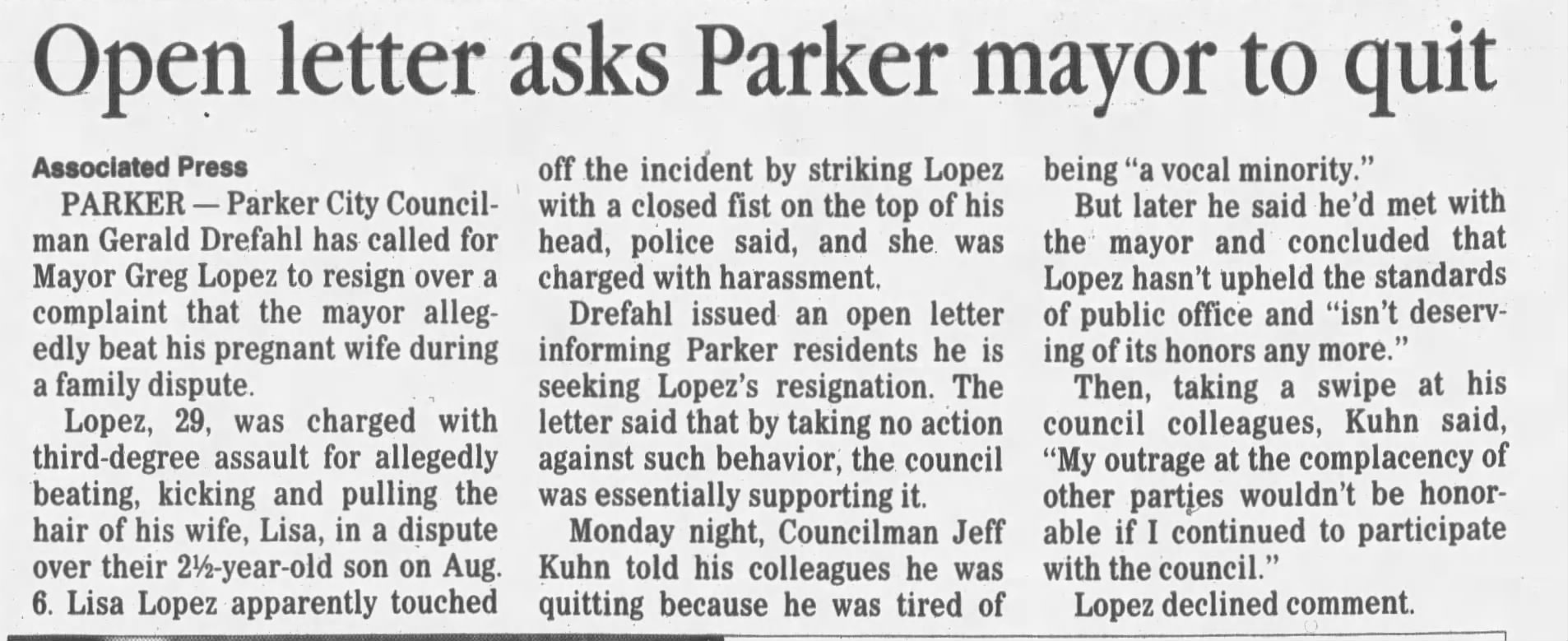 Open letter asks Parker mayor to quit 

The Daily Sentinel
Grand Junction, Colorado &middot; Thursday, August 19, 1993