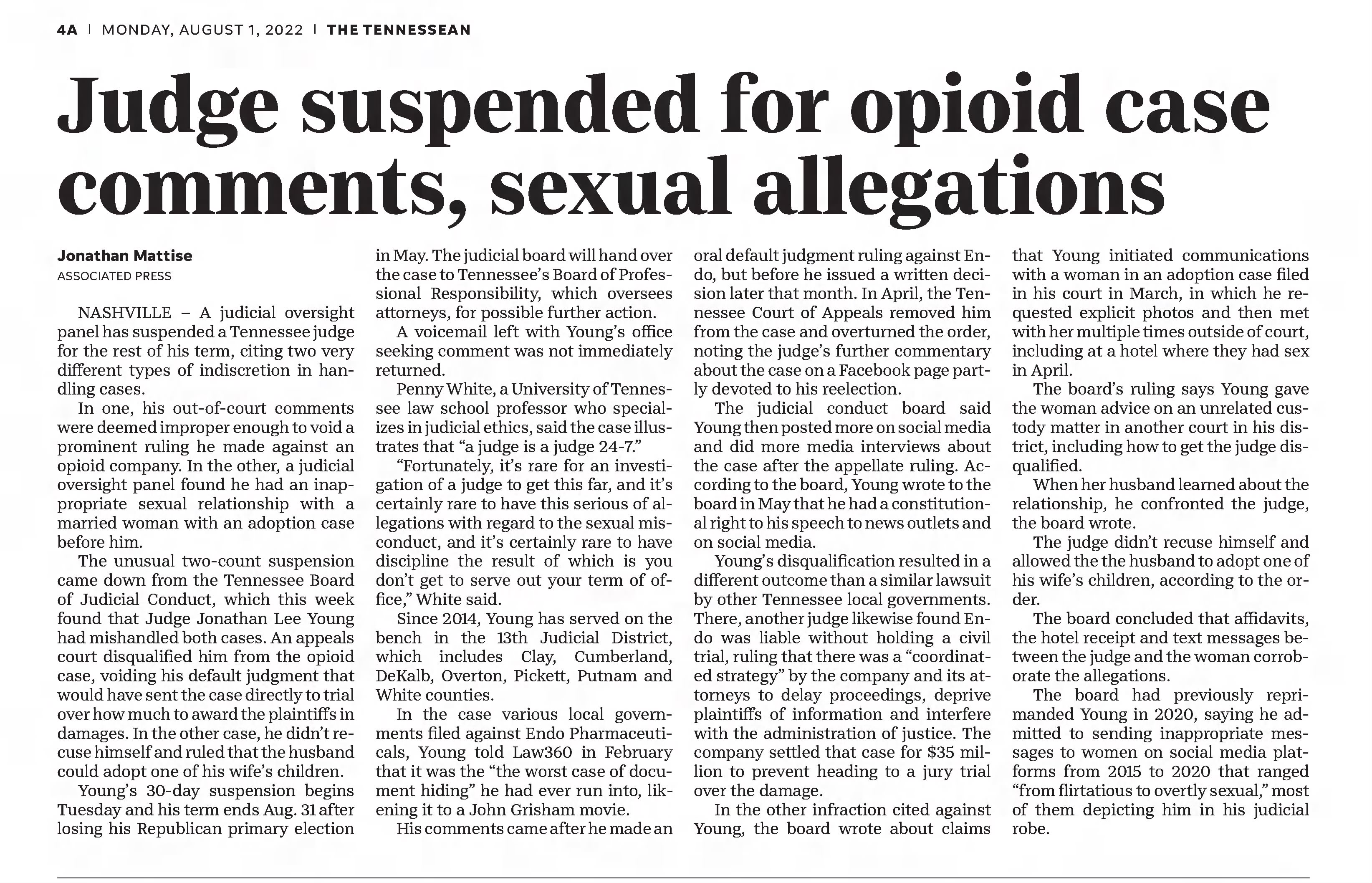 Judge suspended for opiod case comments, sexual allegations
The Tennessean
Nashville, Tennessee · Monday, August 01, 2022