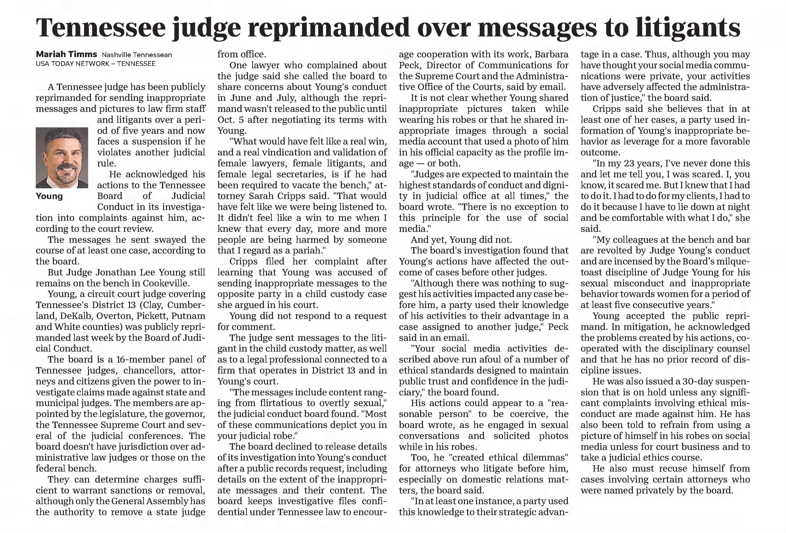 Tennessee judge reprimanded over messages to litigants
The Tennessean
Nashville, Tennessee · Sunday, October 18, 2020