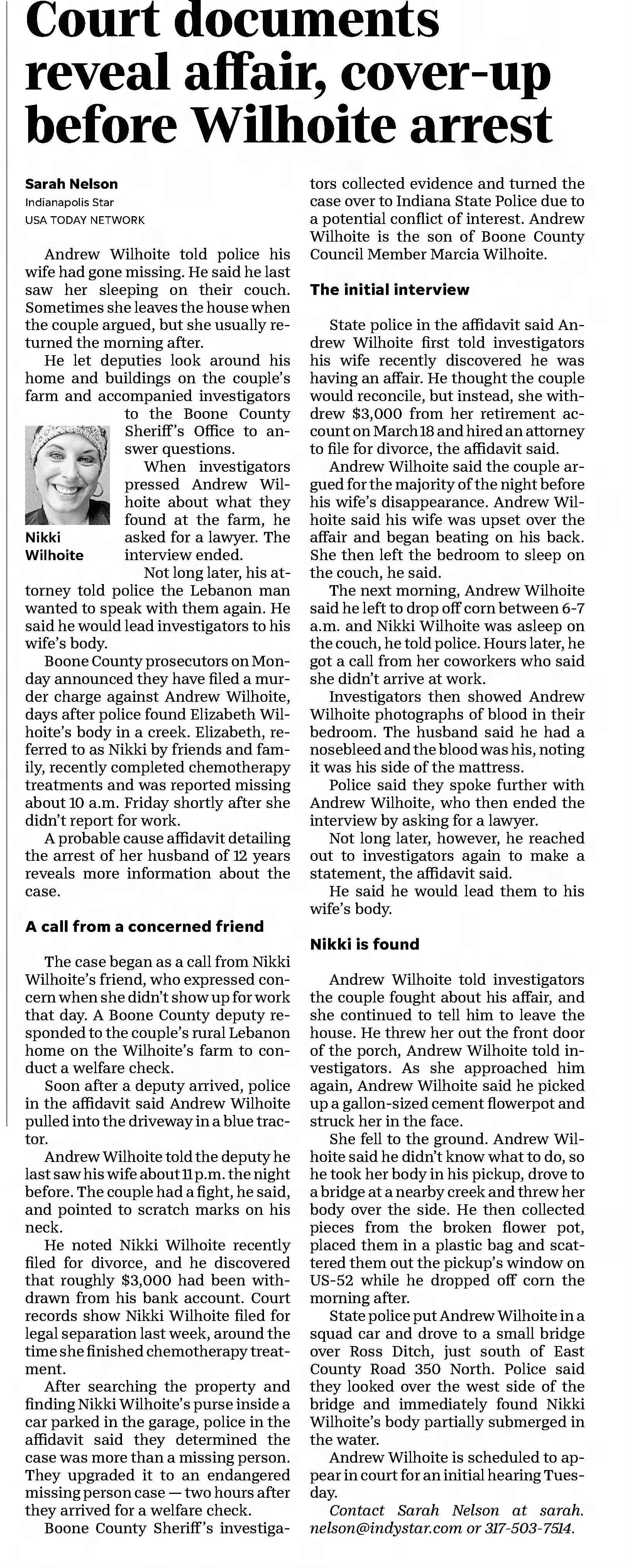 Court documents reveal affair, cover-up before Wilhoite arrest
×
The Indianapolis Star
Indianapolis, Indiana · Wednesday, March 30, 2022