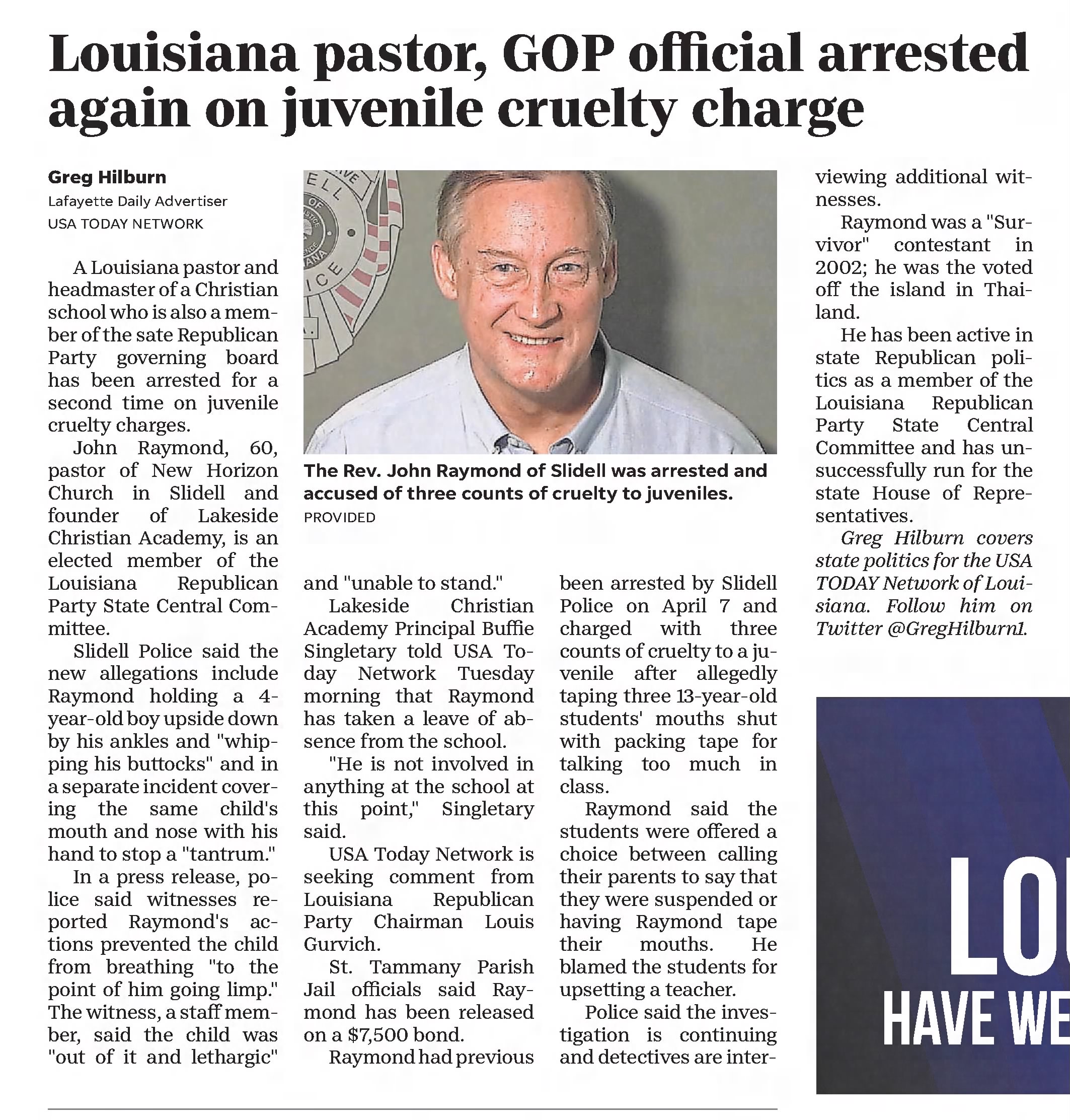 Louisiana pastor, GOP official arrested again on juvenile cruelty charte
The Town Talk
Alexandria, Louisiana · Wednesday, May 11, 2022