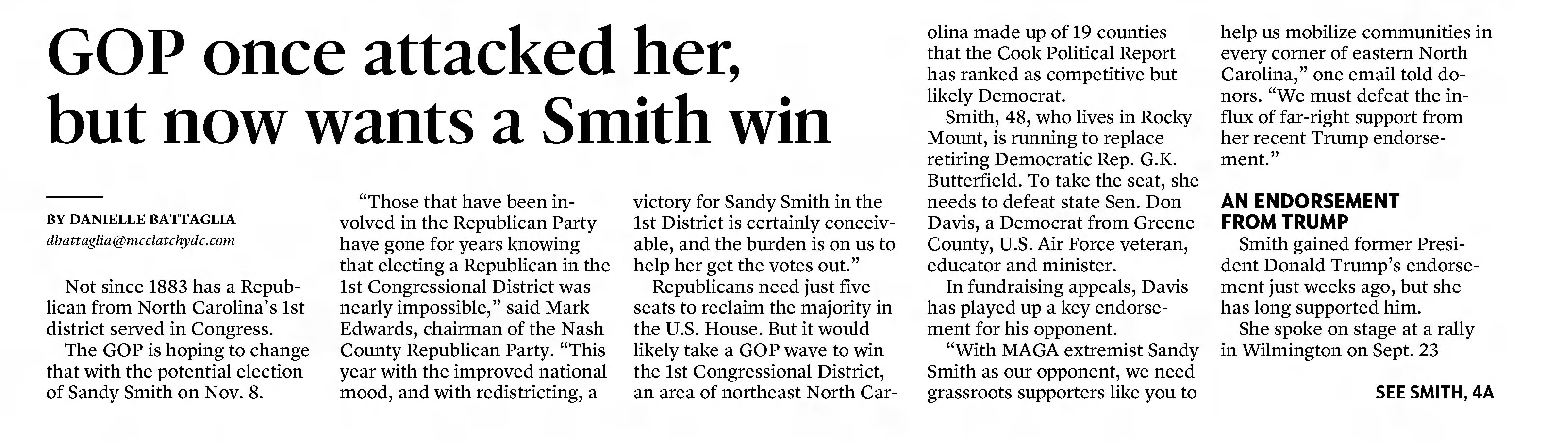 GOP once attacked her but now wants a Smith win
The News and Observer
Raleigh, North Carolina &middot; Friday, November 04, 2022