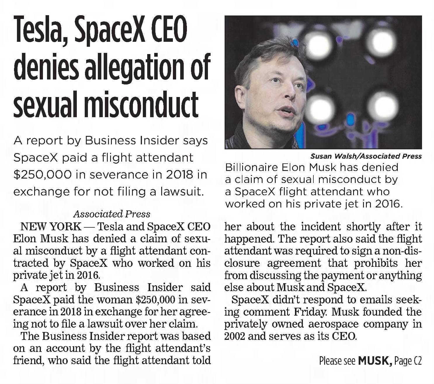 Tesla, SpaceX CEO denies allegation of sexual misconduct
Portland Press Herald
Portland, Maine · Saturday, May 21, 2022