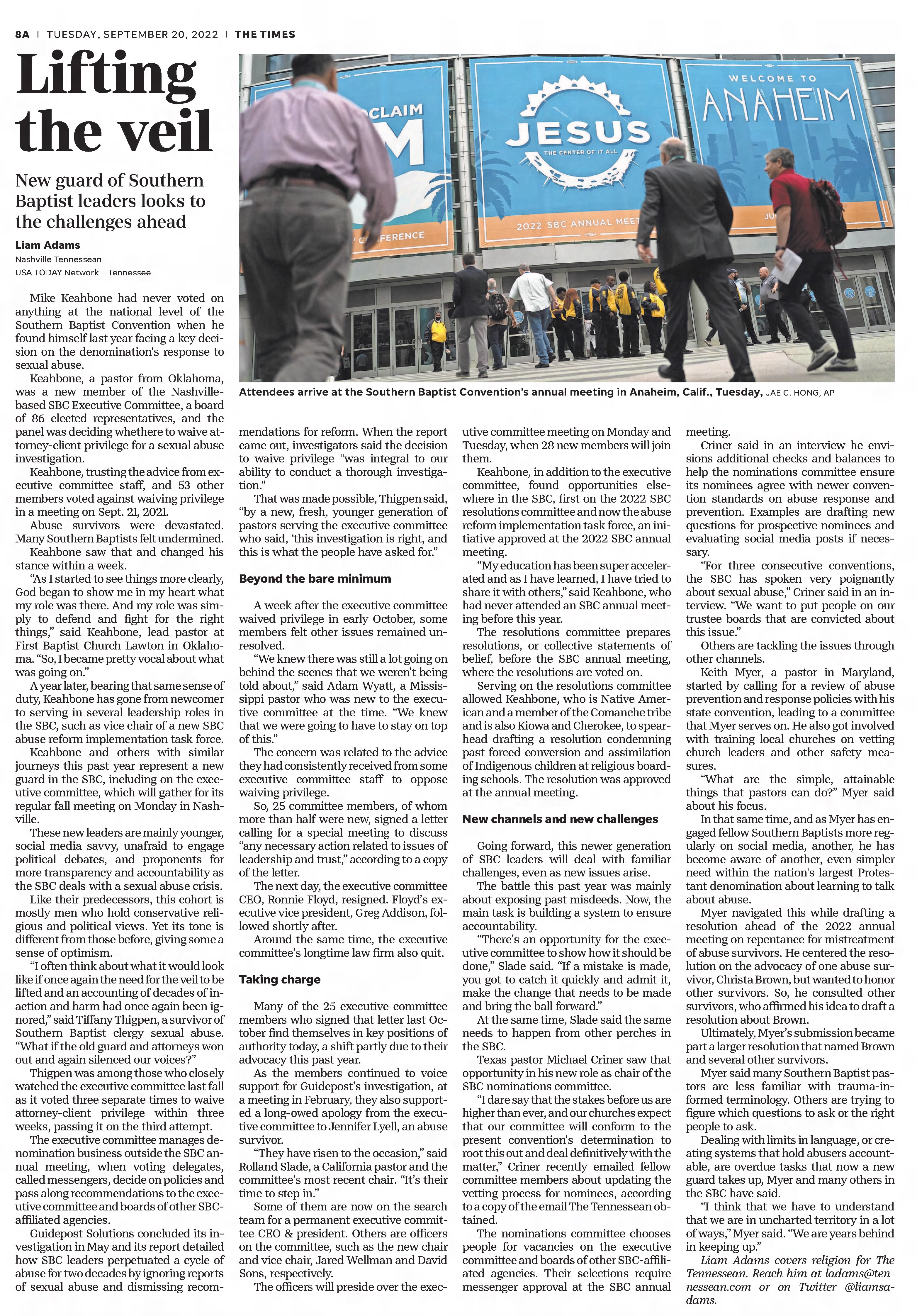 Lifting the Veil
New guard of Southern Baptist leaders looks to the challenges ahead
The Times
Shreveport, Louisiana · Tuesday, September 20, 2022