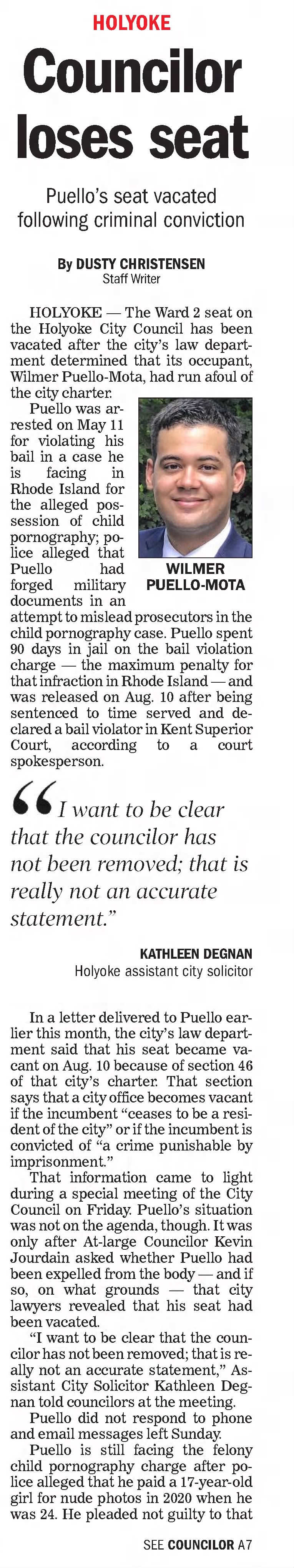 Councilor loses seat
Daily Hampshire Gazette
Northampton, Massachusetts &middot; Monday, September 05, 2022