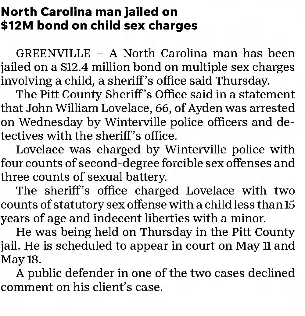 North Carolina man jailed on $12.4 bond on child sex charges 
Asheville Citizen-Times
Asheville, North Carolina &middot; Saturday, May 07, 2022