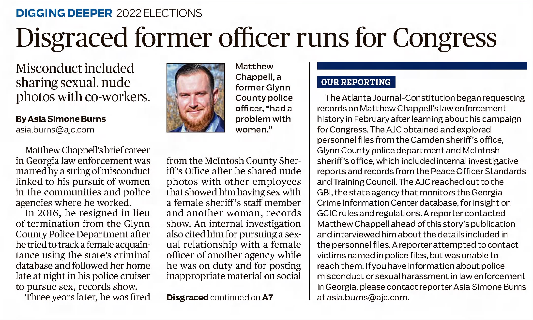 Disgraced former officer runs for Congress 
The Atlanta Constitution
Atlanta, Georgia &middot; Monday, May 02, 2022