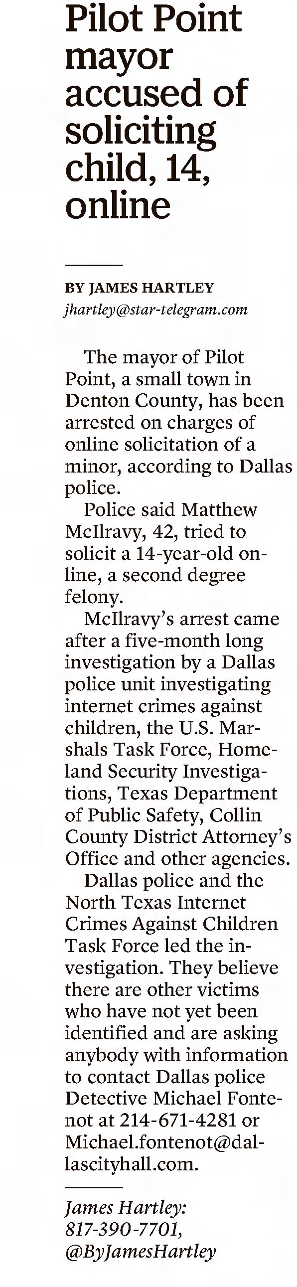 Pilot Point mayor accused of soliciting child 14 online
Fort Worth Star-Telegram
Fort Worth, Texas · Thursday, June 23, 2022
