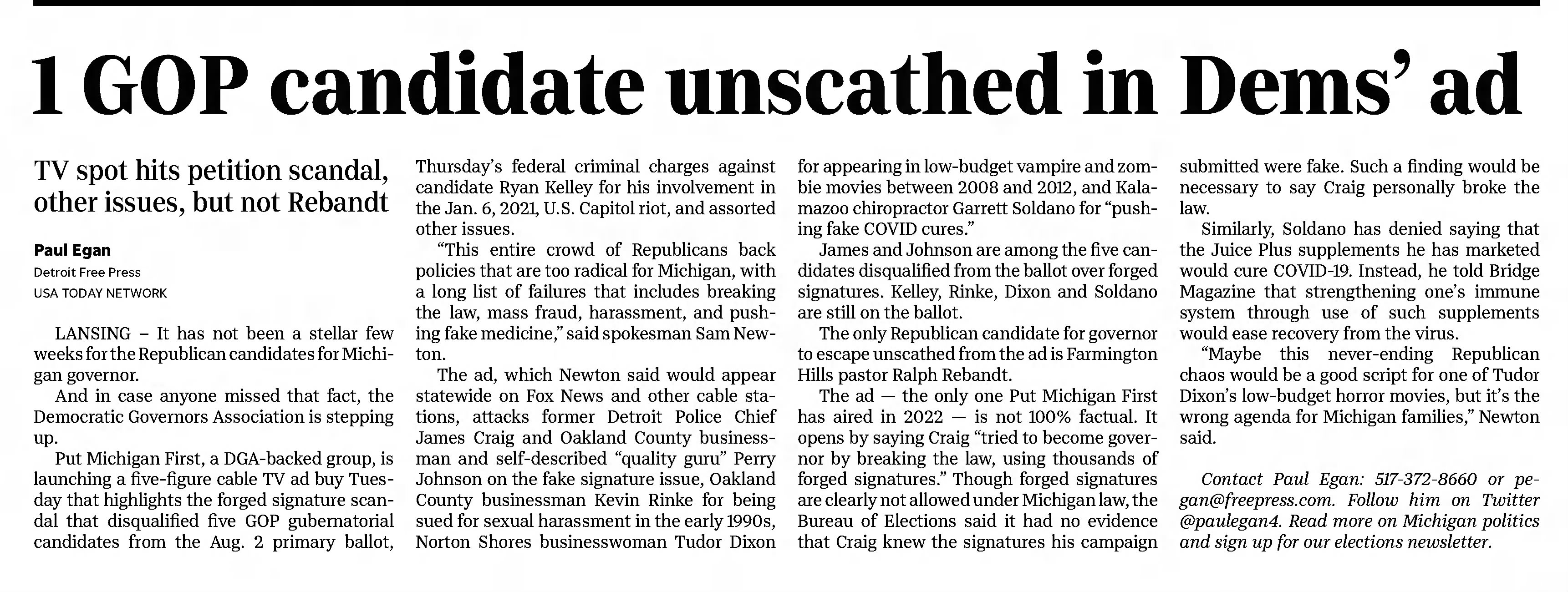 1 GOP candidate unscathed in Dems' ad
Detroit Free Press
Detroit, Michigan · Wednesday, June 15, 2022