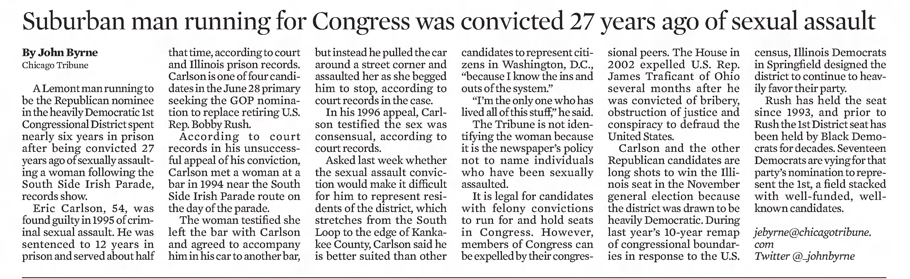 Suburban man running for Congress was convicted 27 years ago for sexually assaulting a woman 
Chicago Tribune
Chicago, Illinois &middot; Tuesday, June 21, 2022