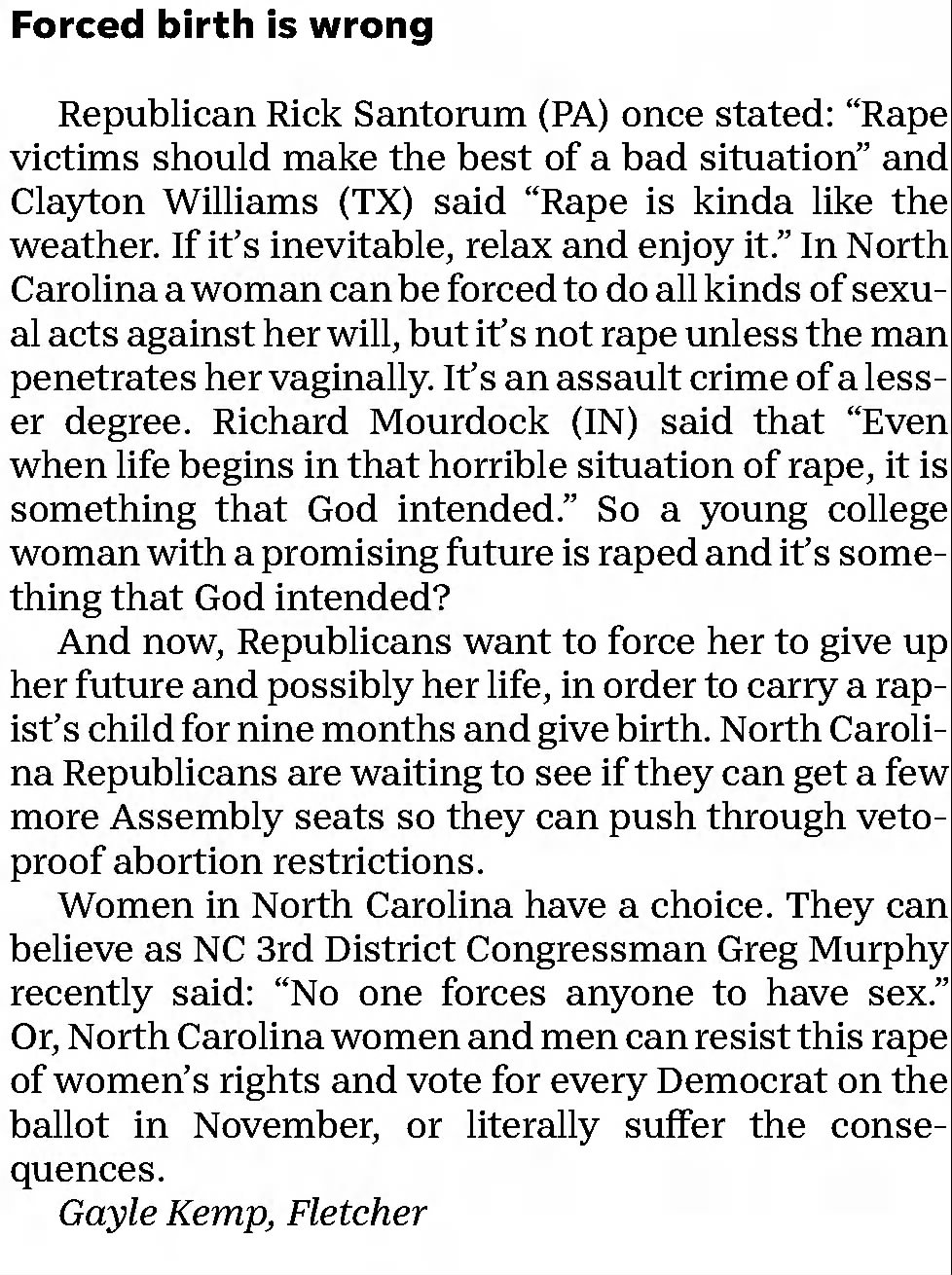 Forced birth is wrong 
LTE 
&times;
Asheville Citizen-Times
Asheville, North Carolina &middot; Wednesday, August 10, 2022
