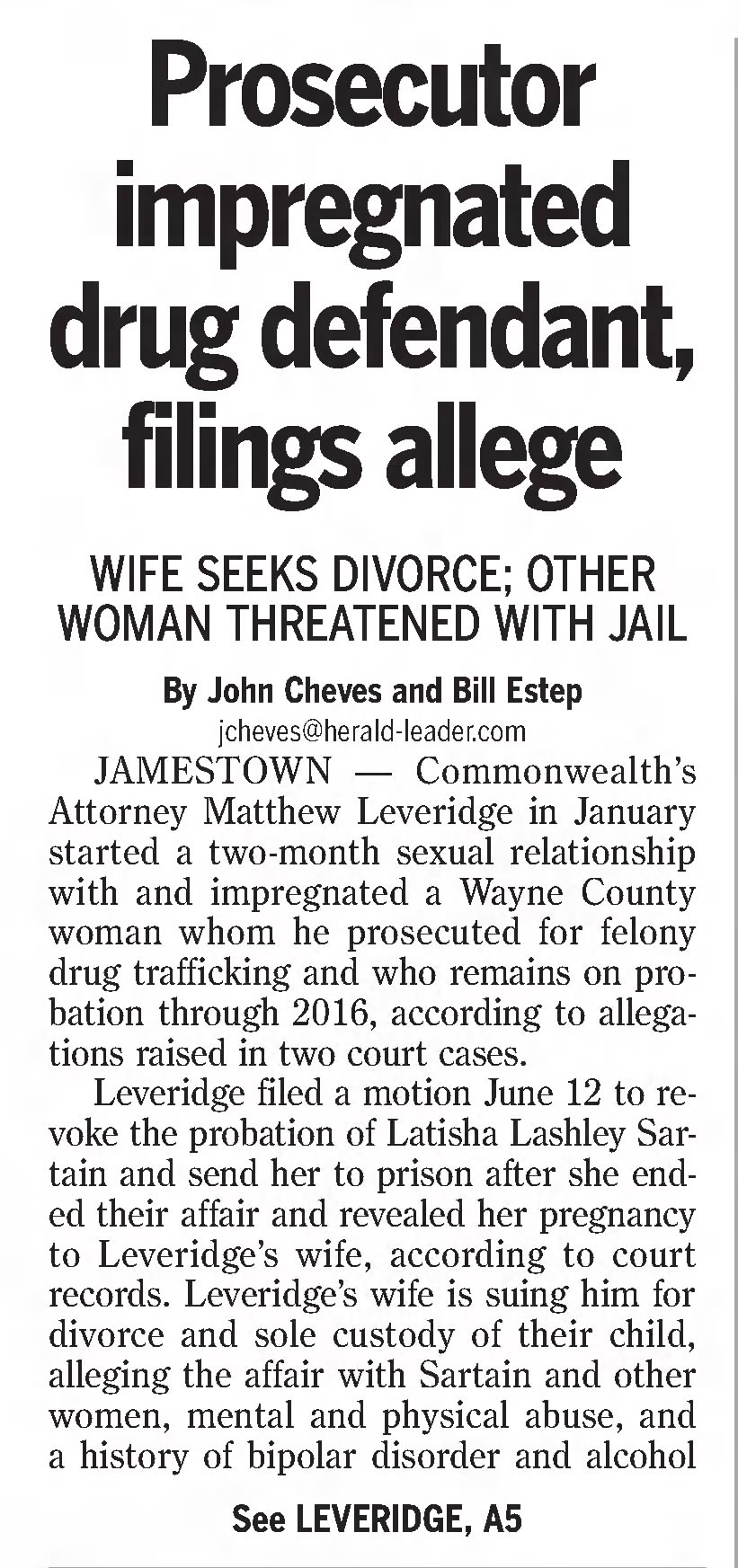 Prosecutor impregnated drug defendant, filings allege
Wife seeks divorce; other woman threatened with jail