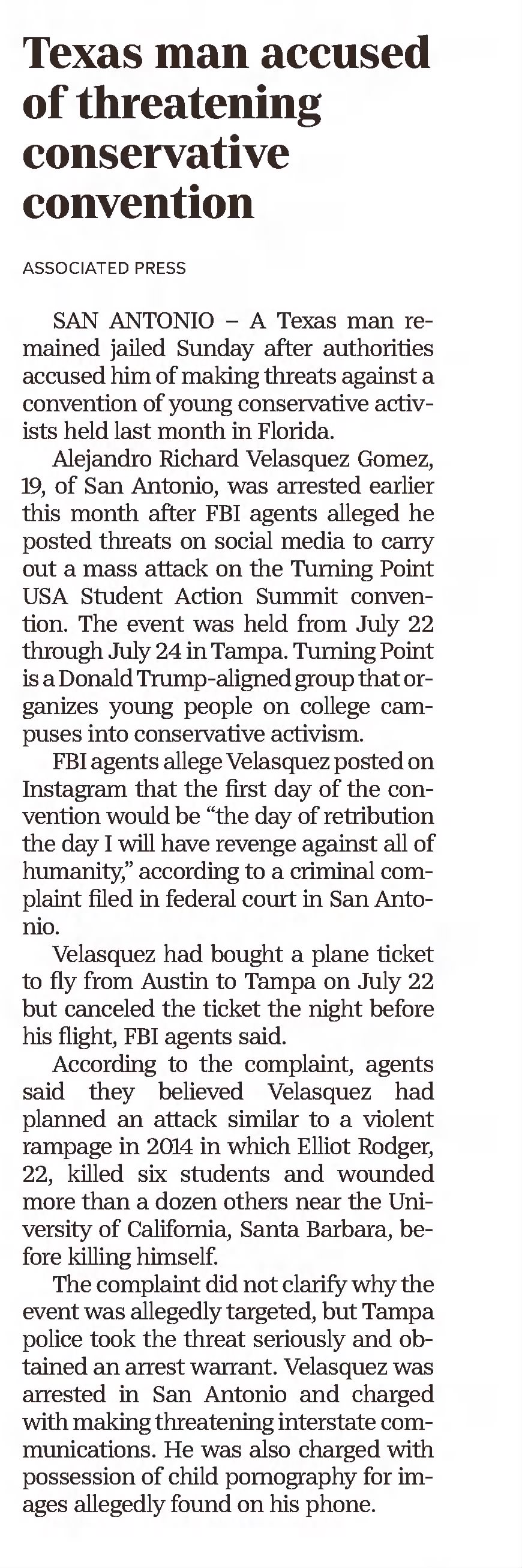Texas man accused of threatening conservative convention
Times Record News
Wichita Falls, Texas &middot; Tuesday, August 23, 2022